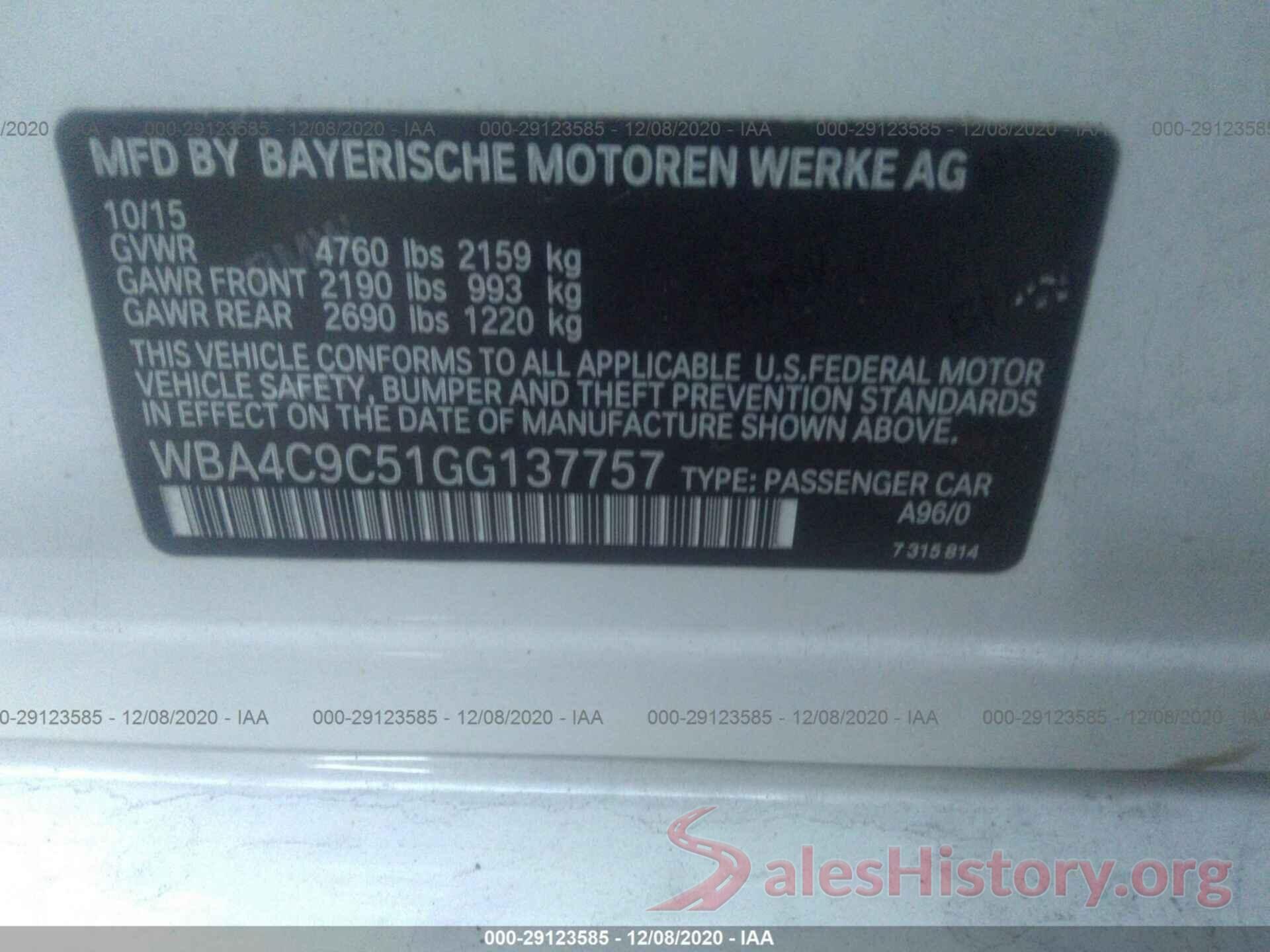 WBA4C9C51GG137757 2016 BMW 4 SERIES