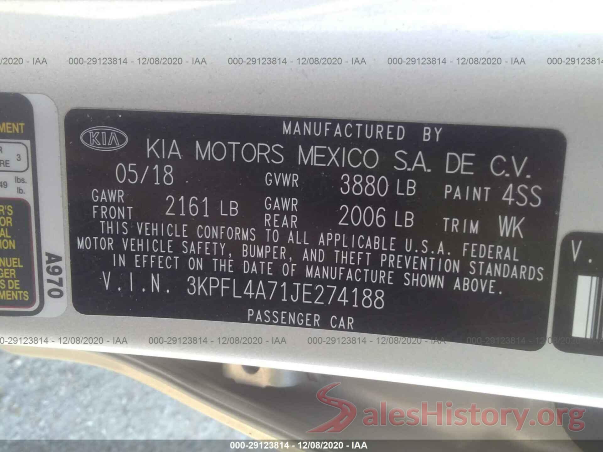 3KPFL4A71JE274188 2018 KIA FORTE