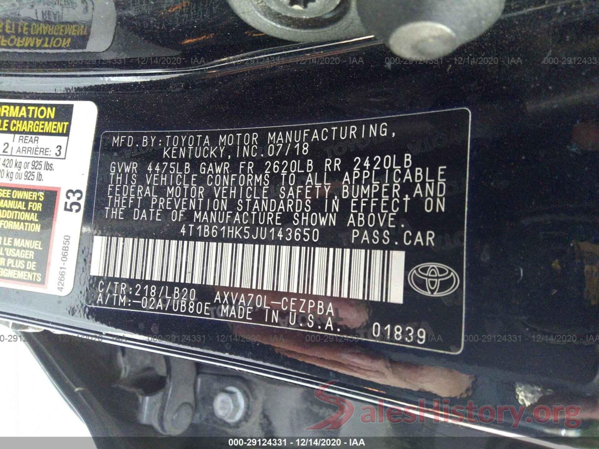 4T1B61HK5JU143650 2018 TOYOTA CAMRY