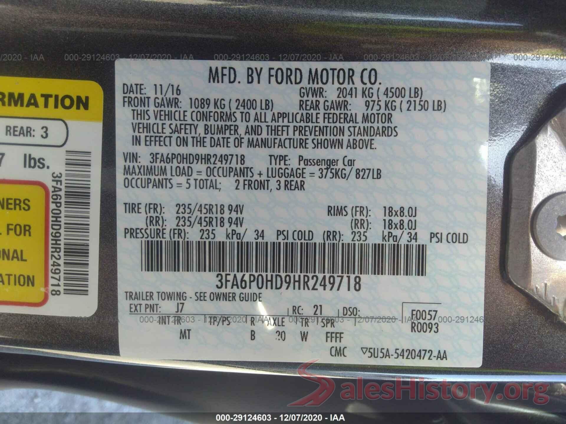 3FA6P0HD9HR249718 2017 FORD FUSION