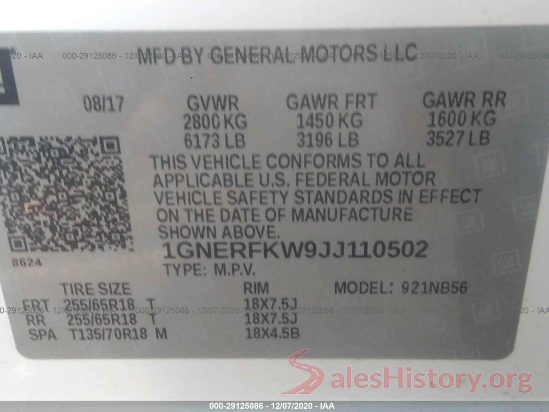 1GNERFKW9JJ110502 2018 CHEVROLET TRAVERSE