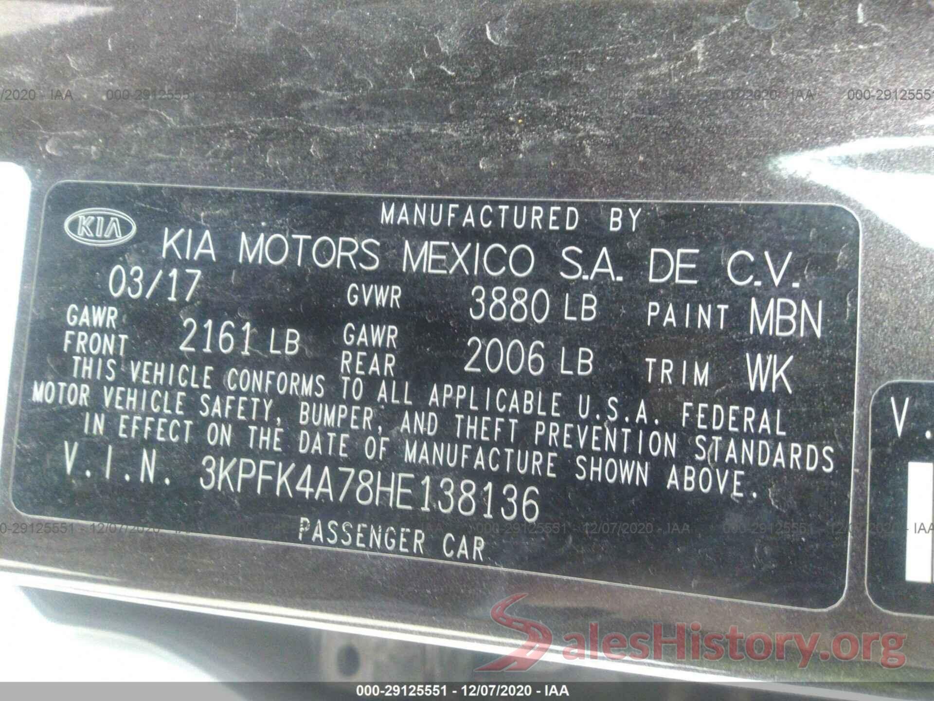 3KPFK4A78HE138136 2017 KIA FORTE