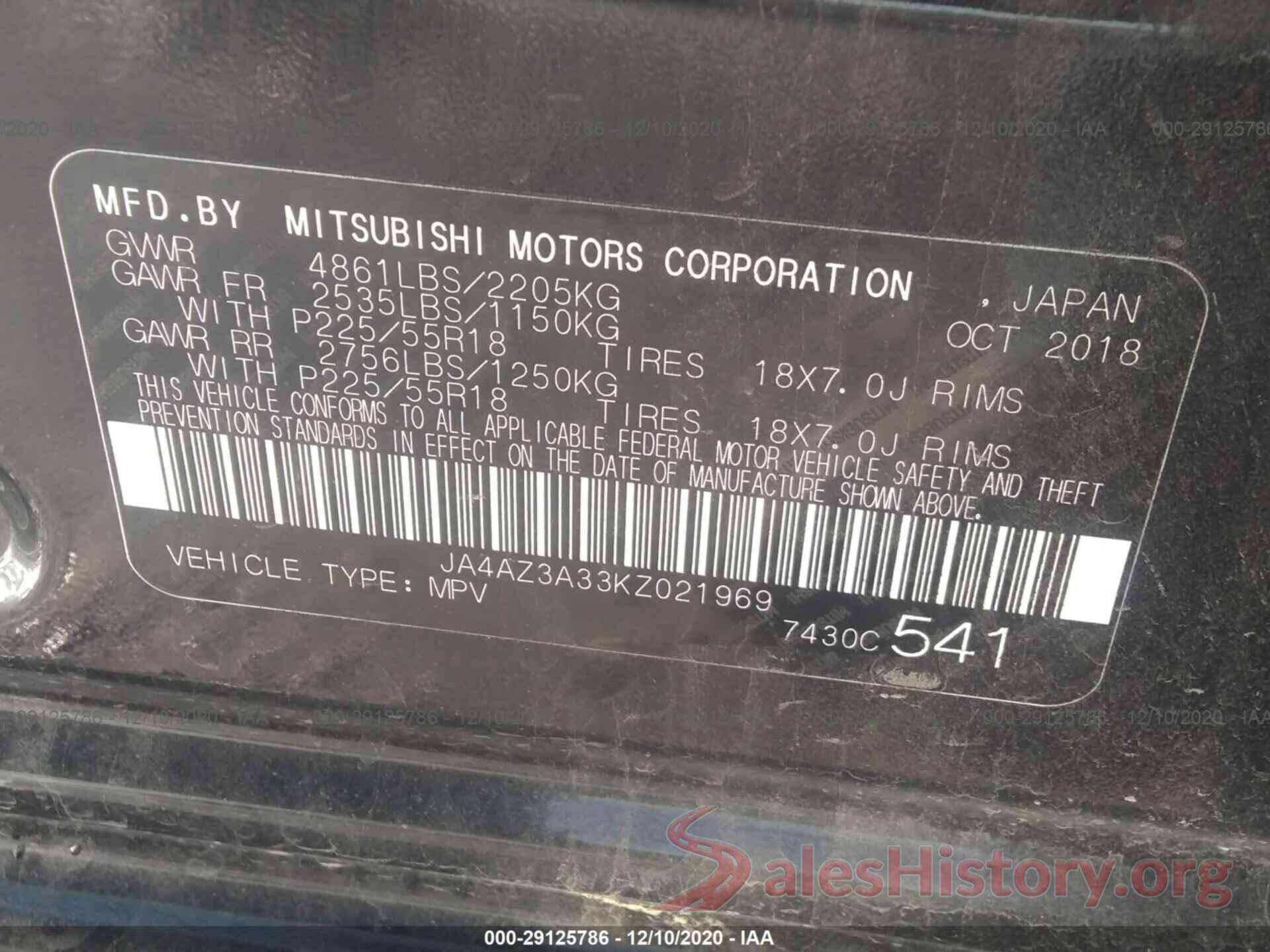 JA4AZ3A33KZ021969 2019 MITSUBISHI OUTLANDER