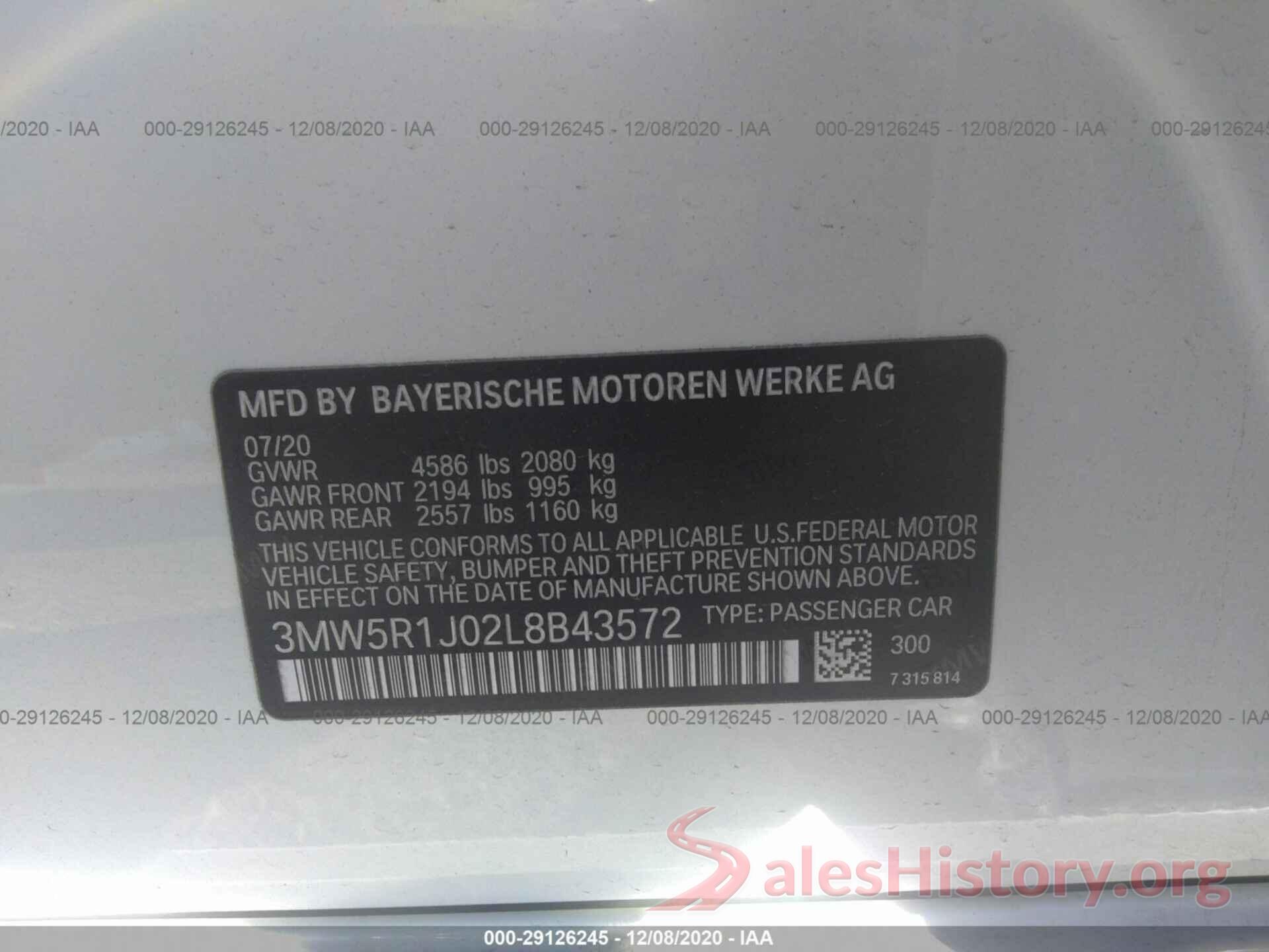 3MW5R1J02L8B43572 2020 BMW 3 SERIES