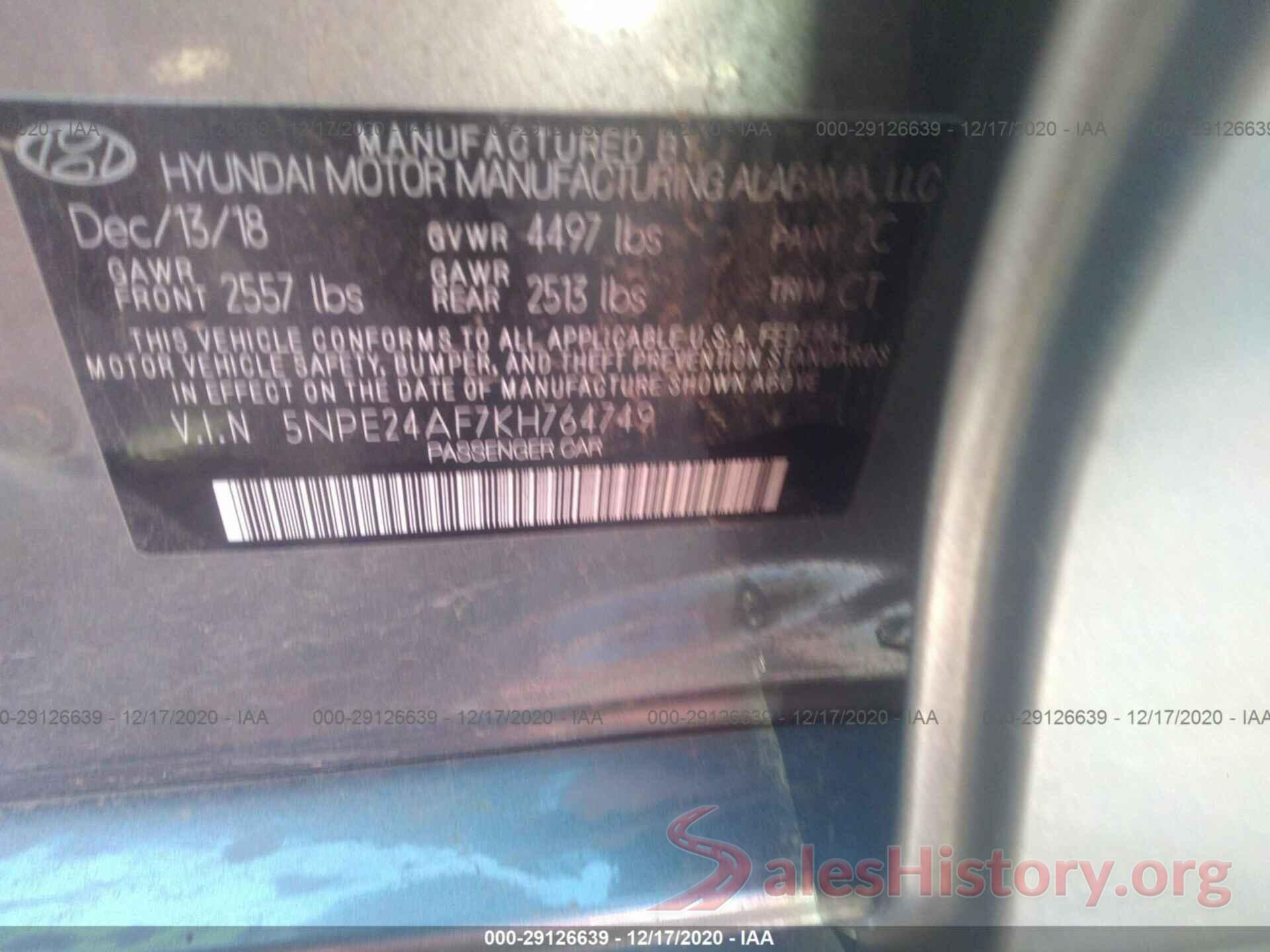 5NPE24AF7KH764749 2019 HYUNDAI SONATA