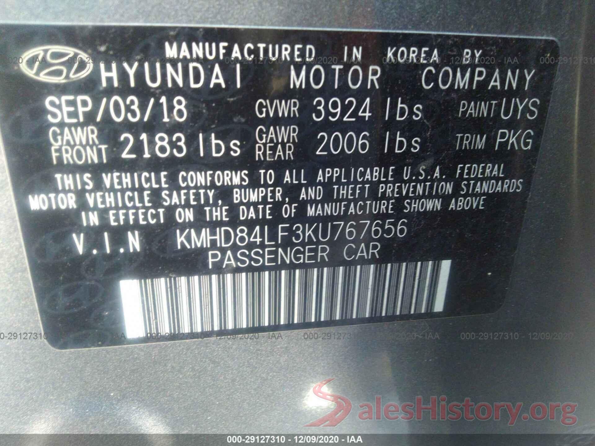 KMHD84LF3KU767656 2019 HYUNDAI ELANTRA