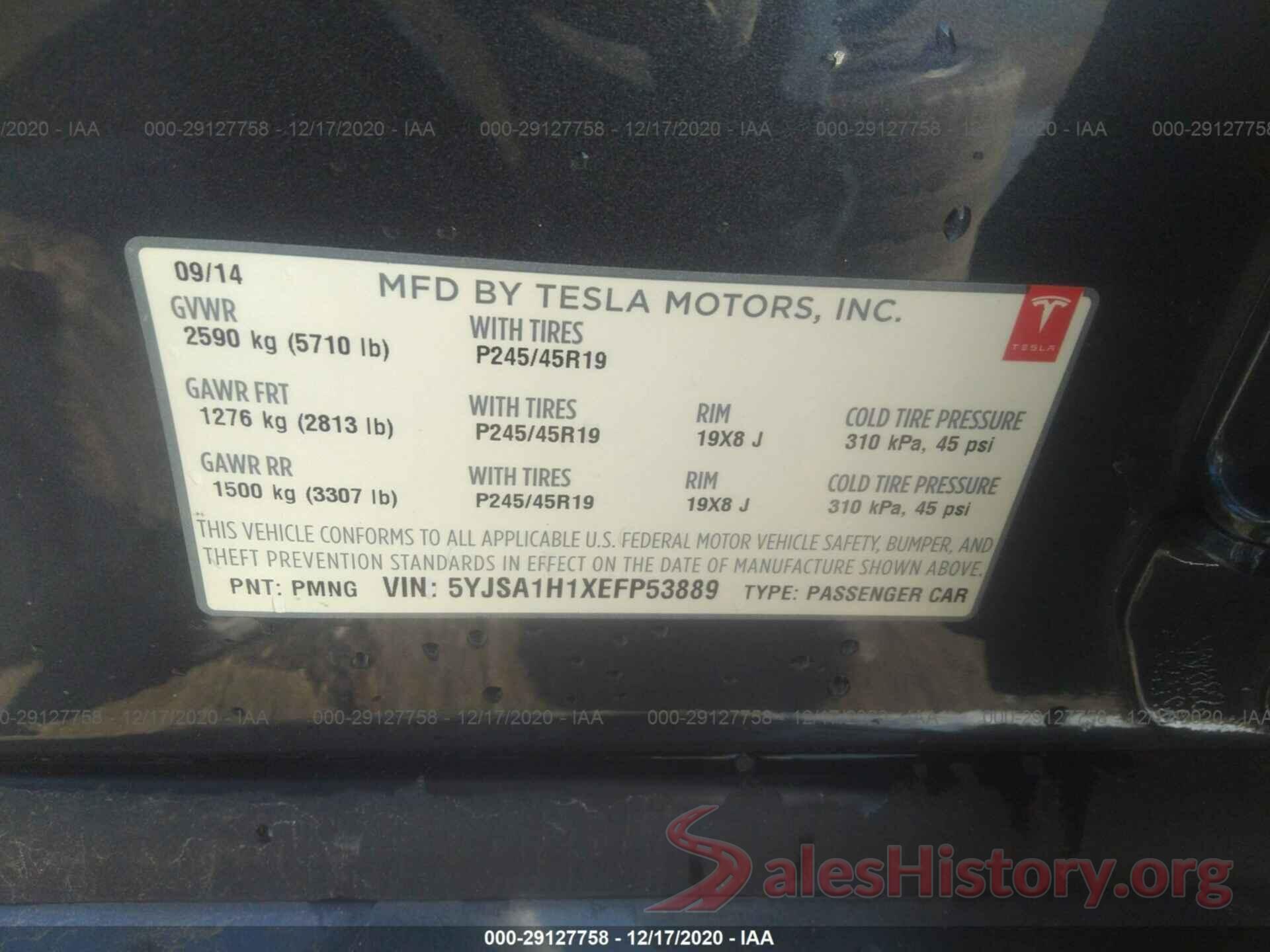 5YJSA1H1XEFP53889 2014 TESLA MODEL S