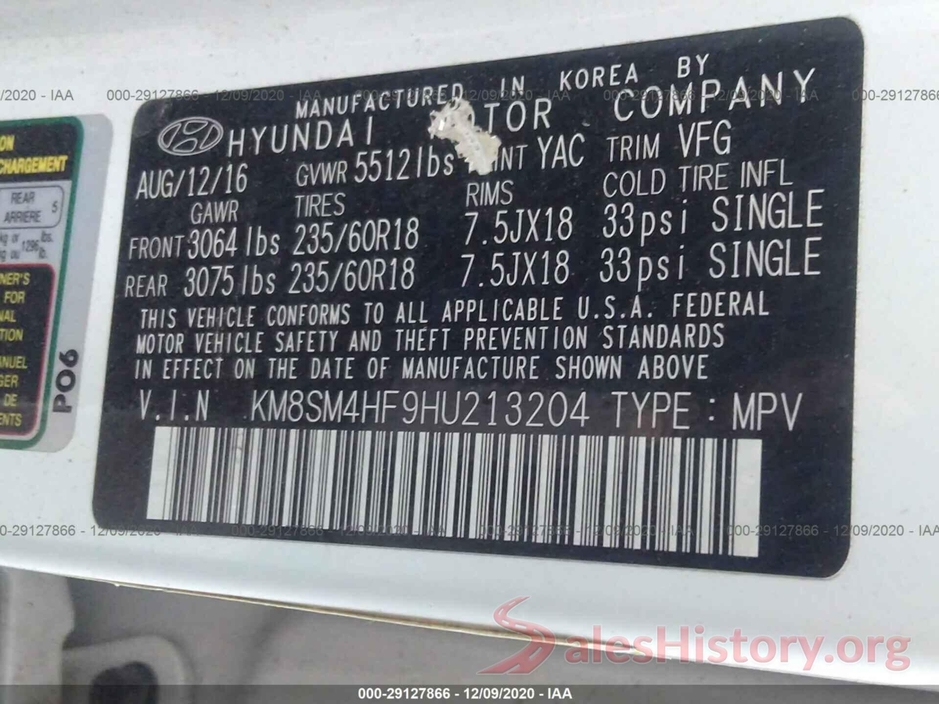 KM8SM4HF9HU213204 2017 HYUNDAI SANTA FE