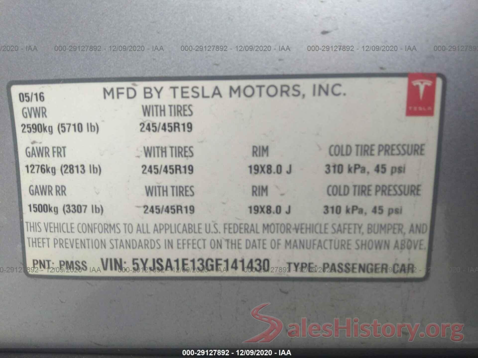 5YJSA1E13GF141430 2016 TESLA MODEL S