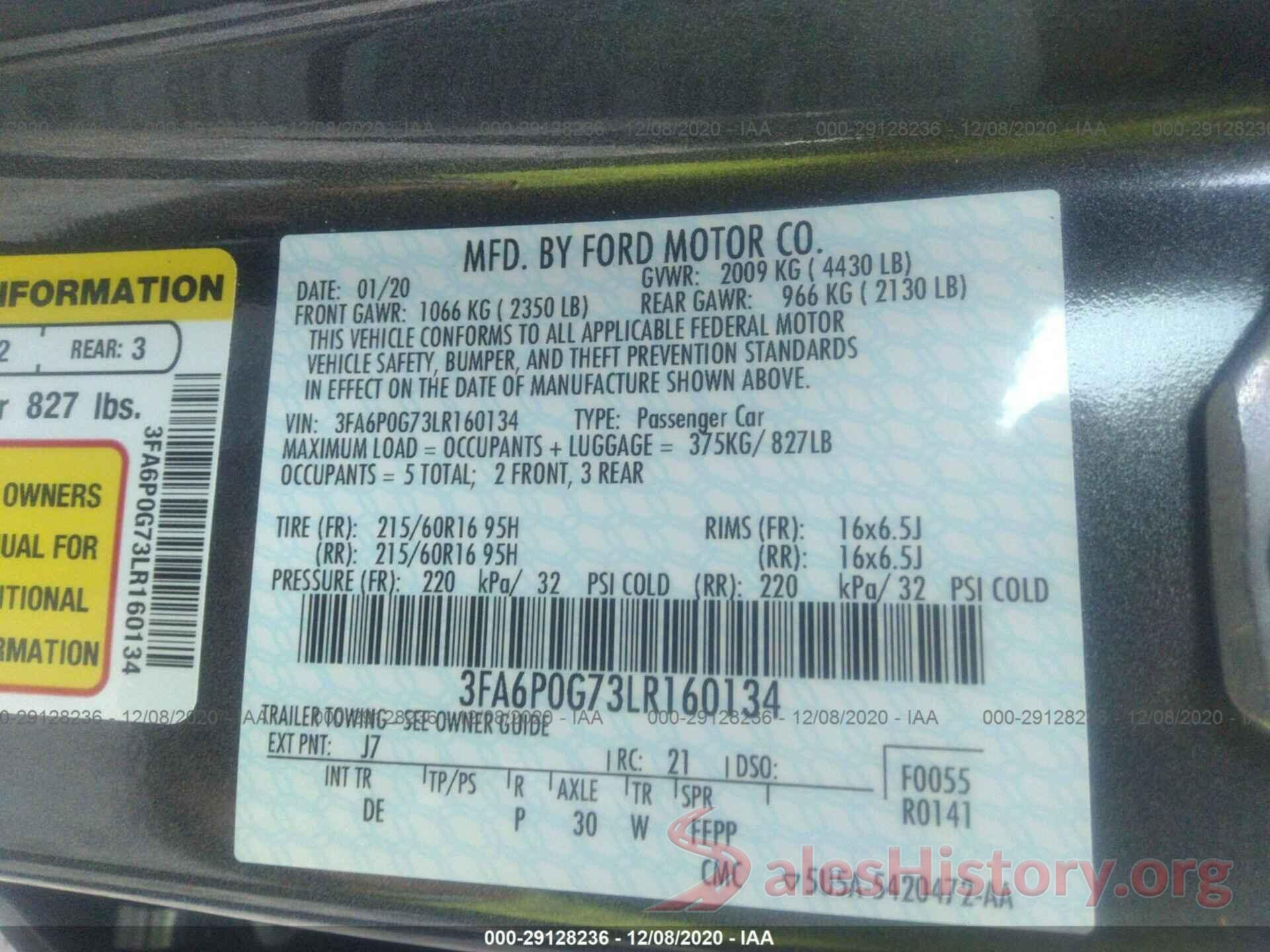 3FA6P0G73LR160134 2020 FORD FUSION