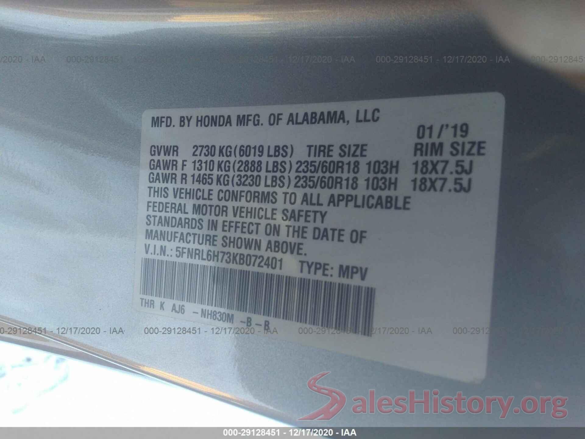 5FNRL6H73KB072401 2019 HONDA ODYSSEY