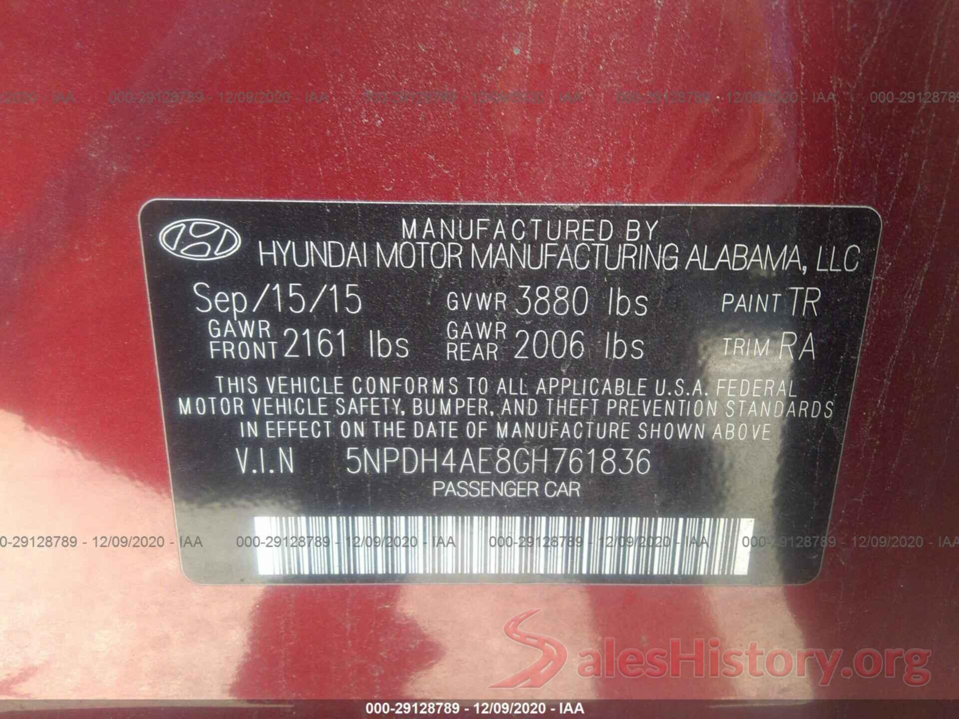 5NPDH4AE8GH761836 2016 HYUNDAI ELANTRA