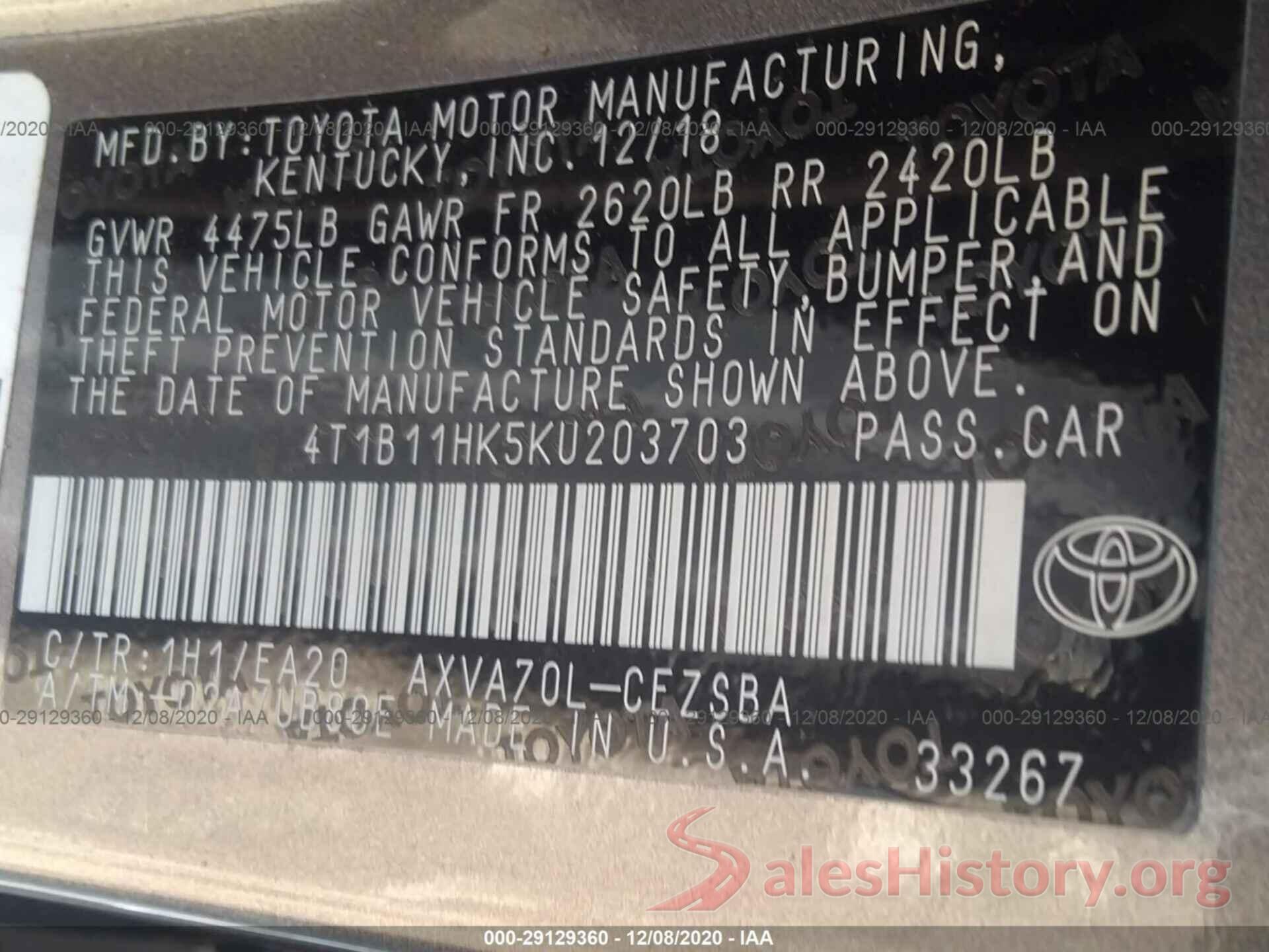 4T1B11HK5KU203703 2019 TOYOTA CAMRY