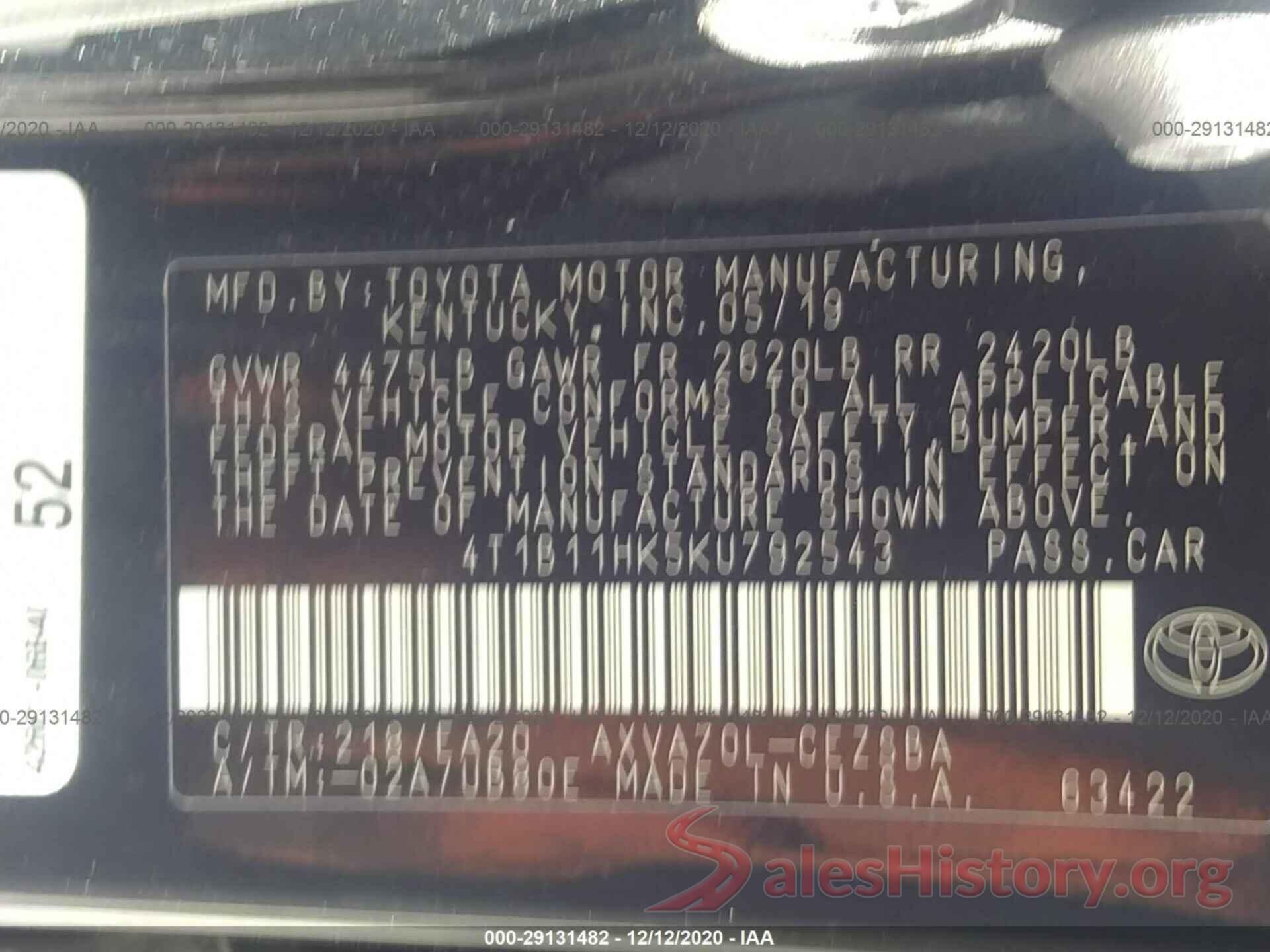 4T1B11HK5KU792543 2019 TOYOTA CAMRY