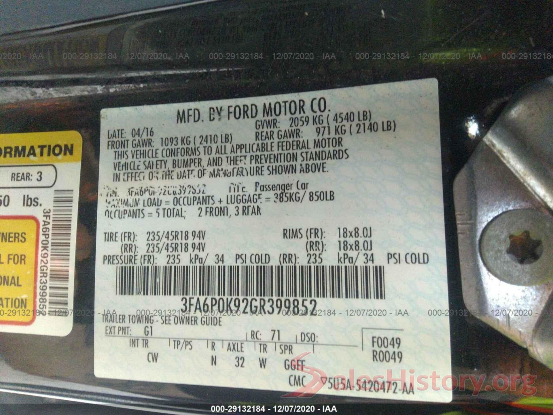 3FA6P0K92GR399852 2016 FORD FUSION