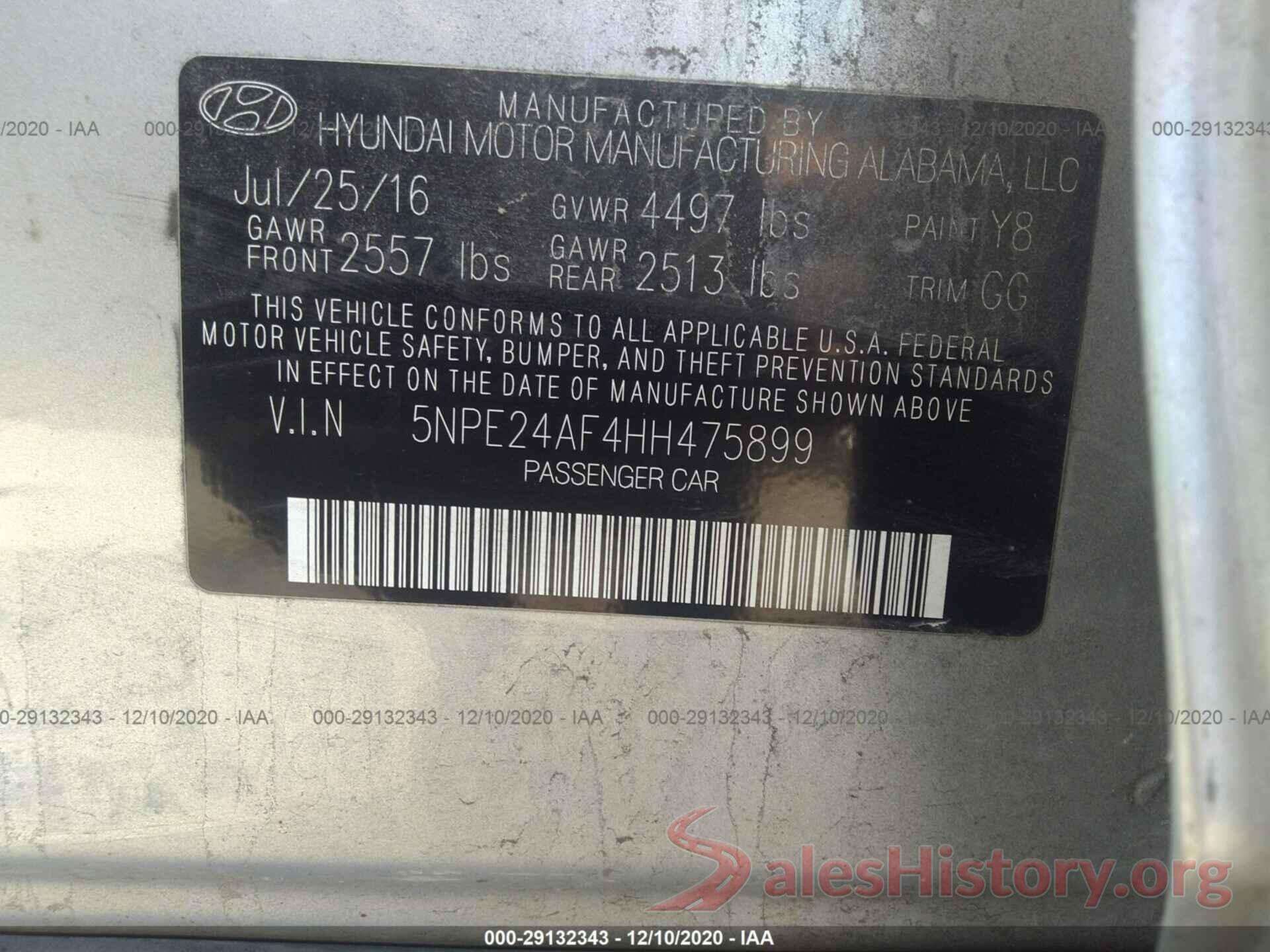 5NPE24AF4HH475899 2017 HYUNDAI SONATA