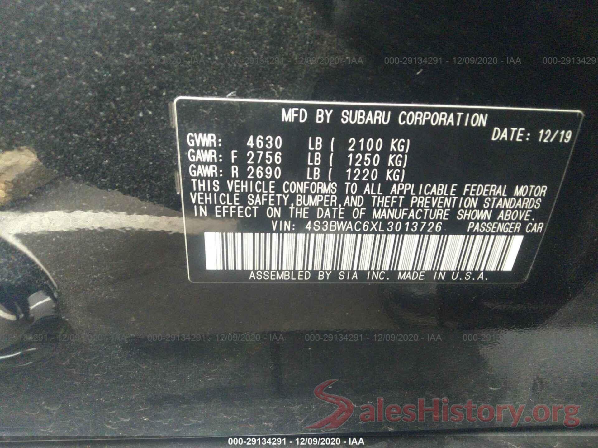 4S3BWAC6XL3013726 2020 SUBARU LEGACY