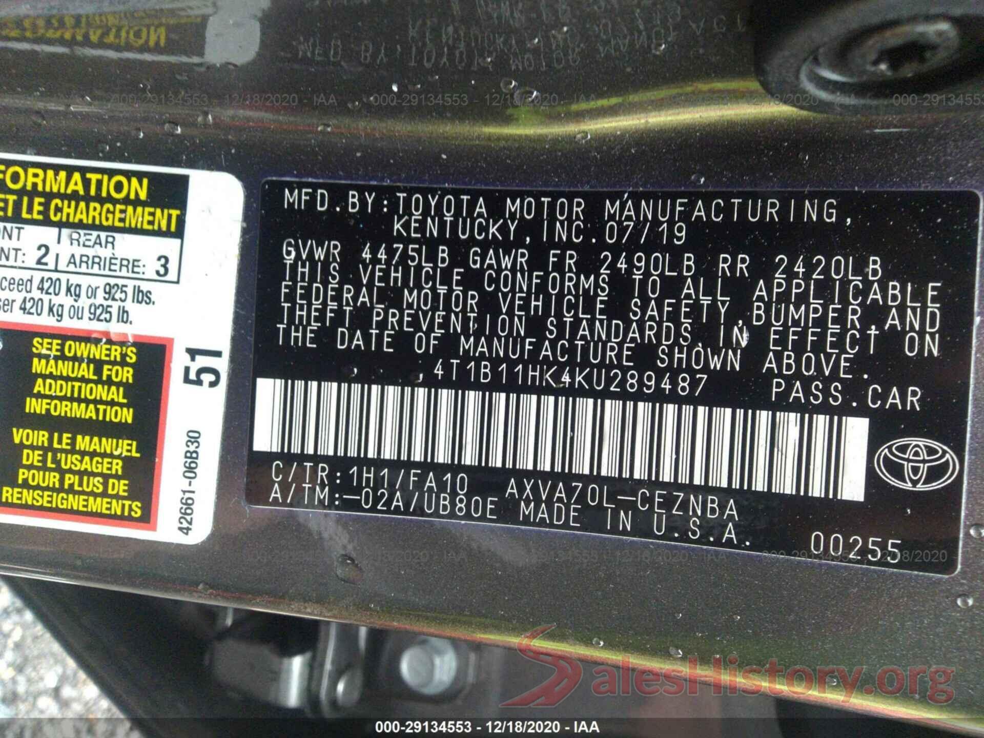 4T1B11HK4KU289487 2019 TOYOTA CAMRY