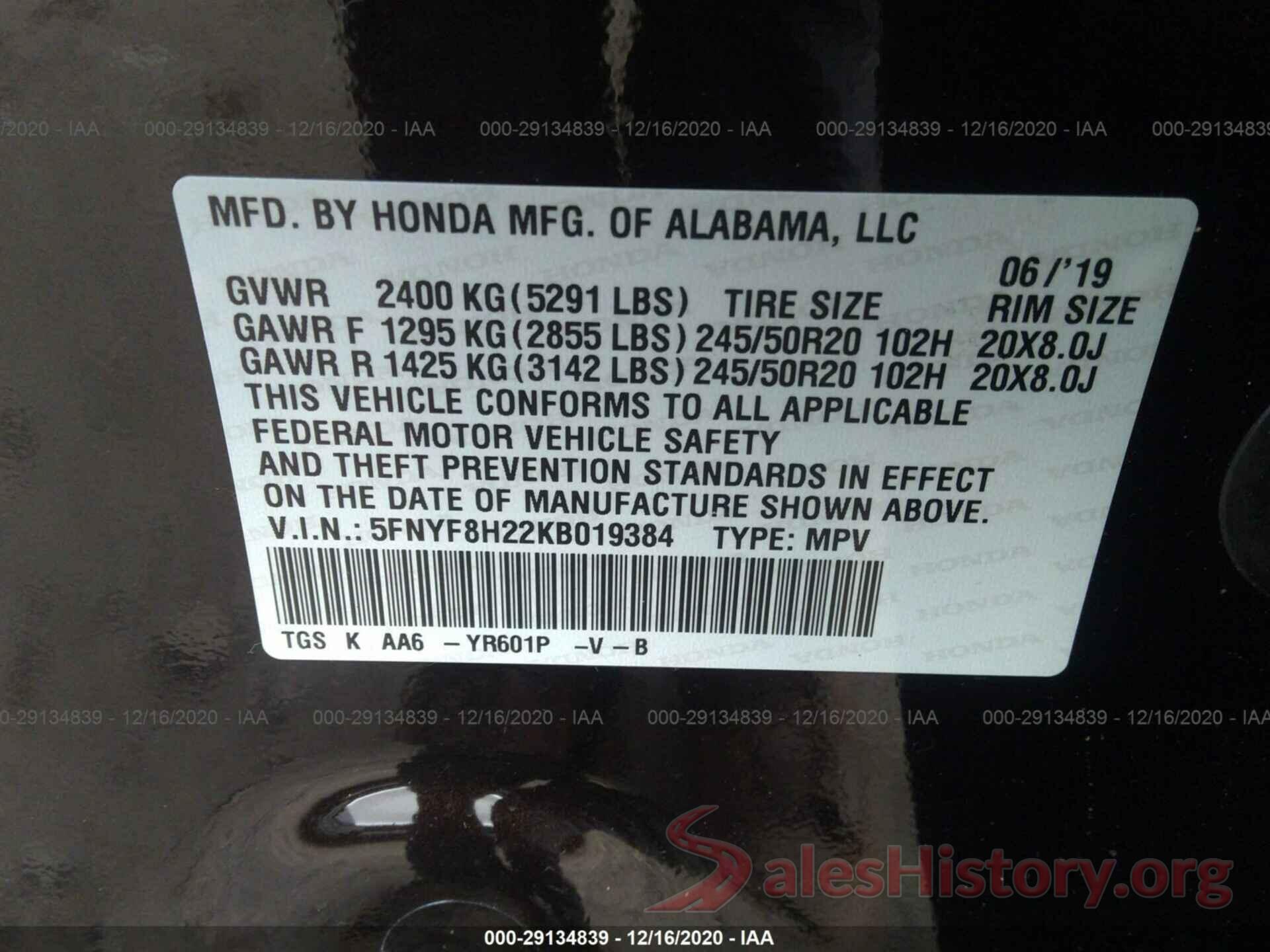 5FNYF8H22KB019384 2019 HONDA PASSPORT