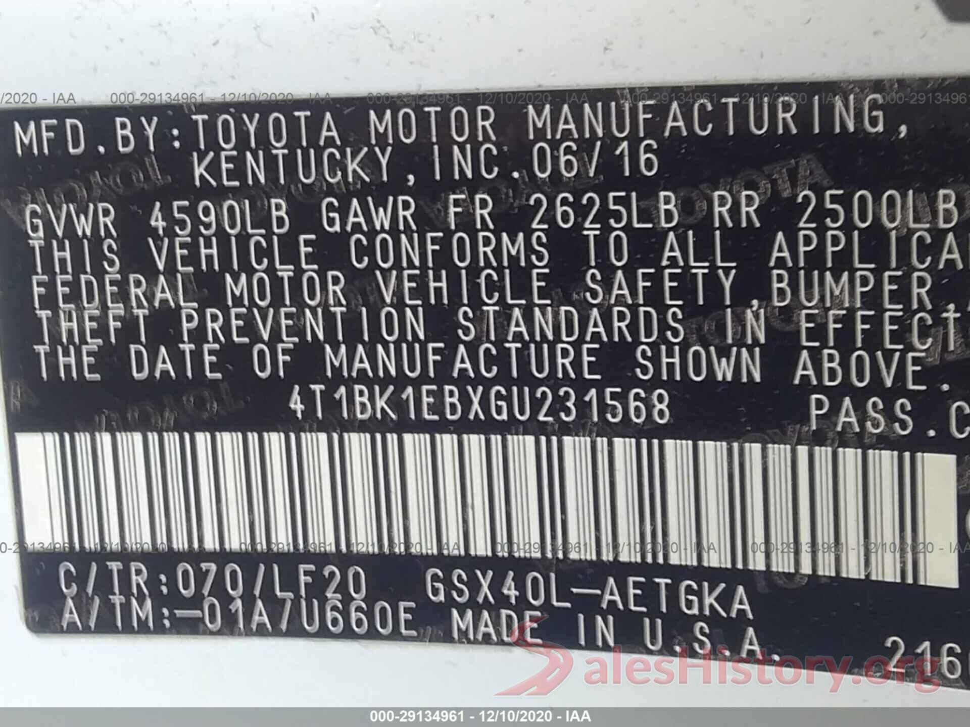 4T1BK1EBXGU231568 2016 TOYOTA AVALON