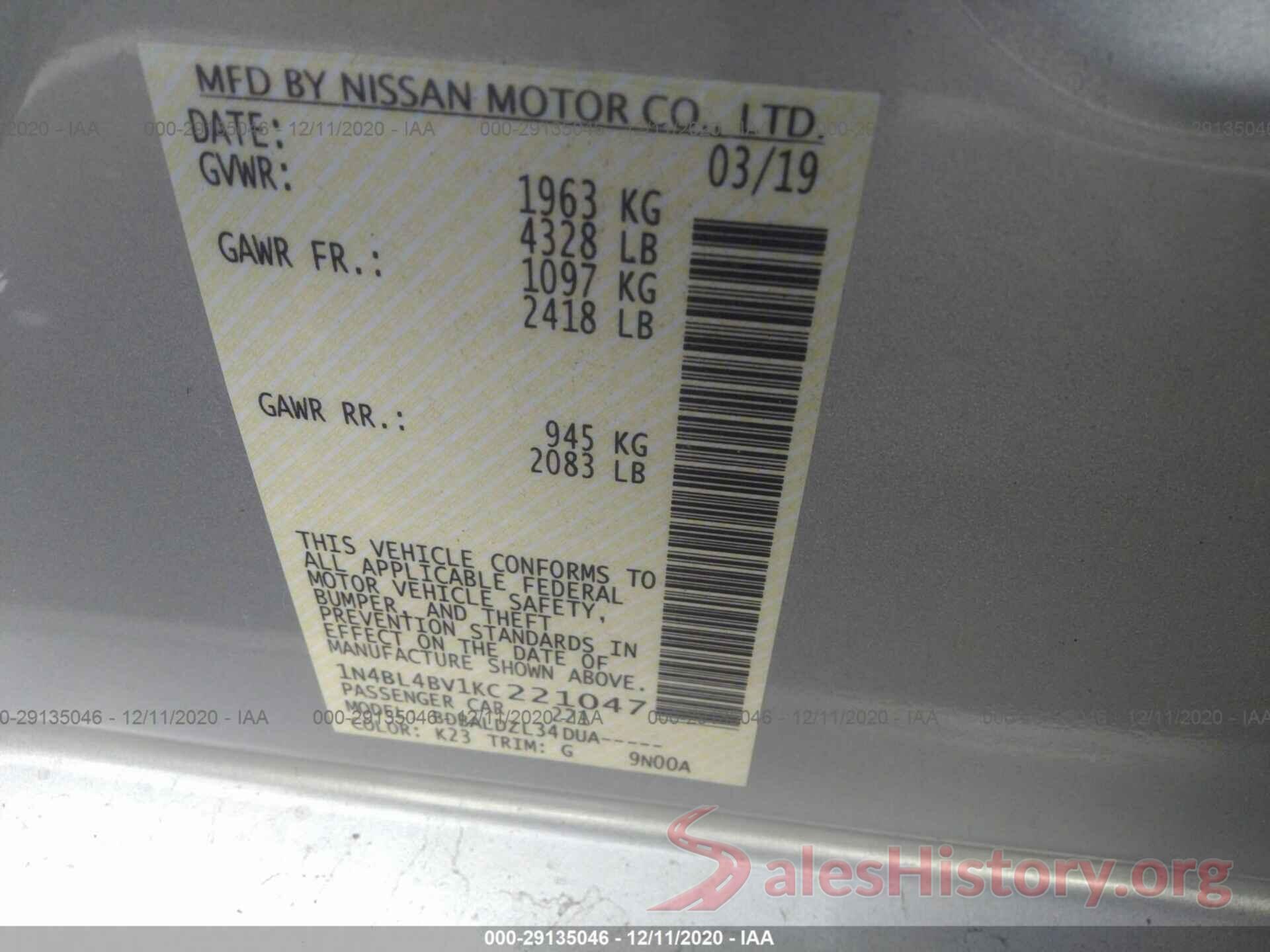 1N4BL4BV1KC221047 2019 NISSAN ALTIMA