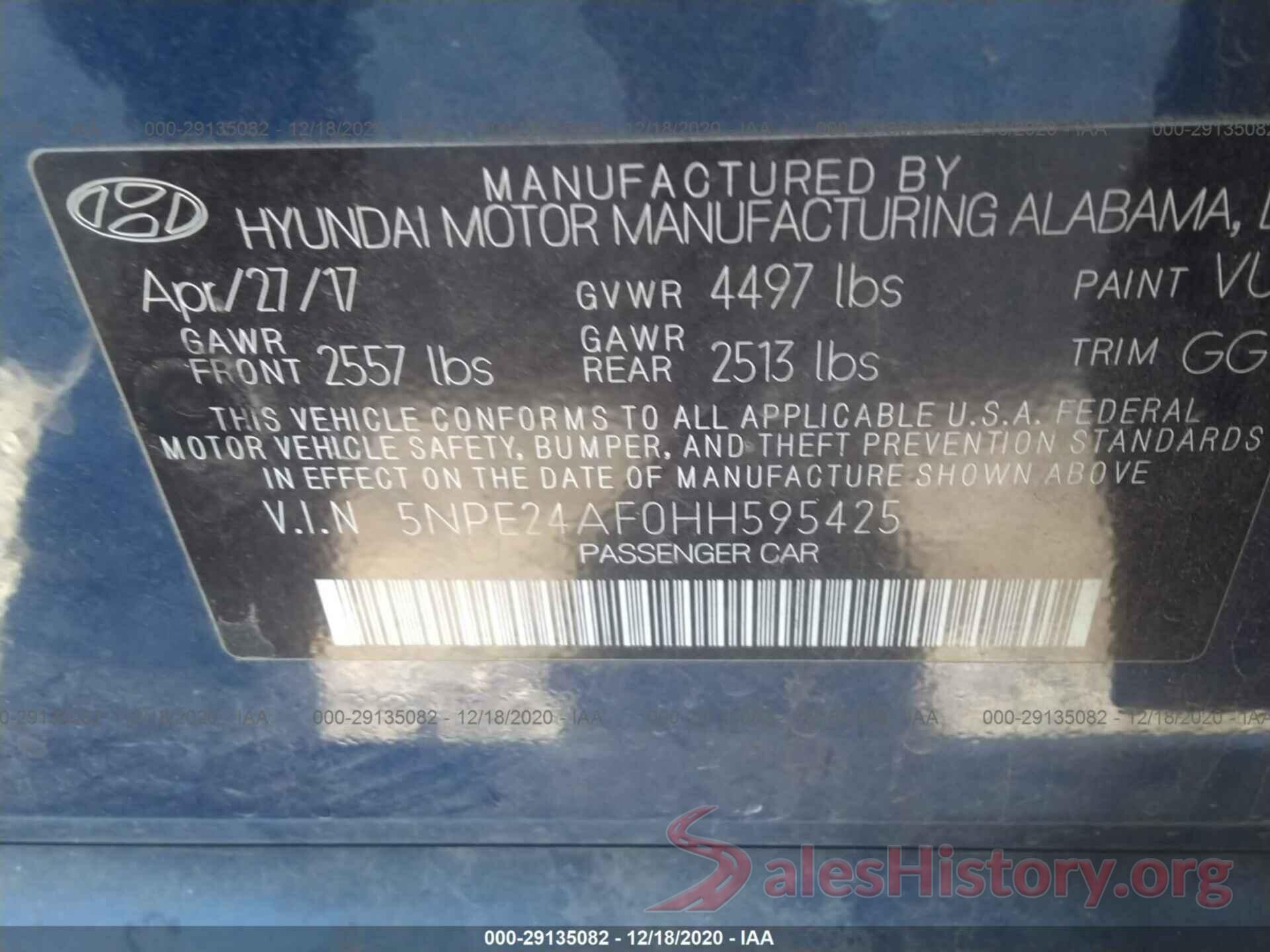 5NPE24AF0HH595425 2017 HYUNDAI SONATA