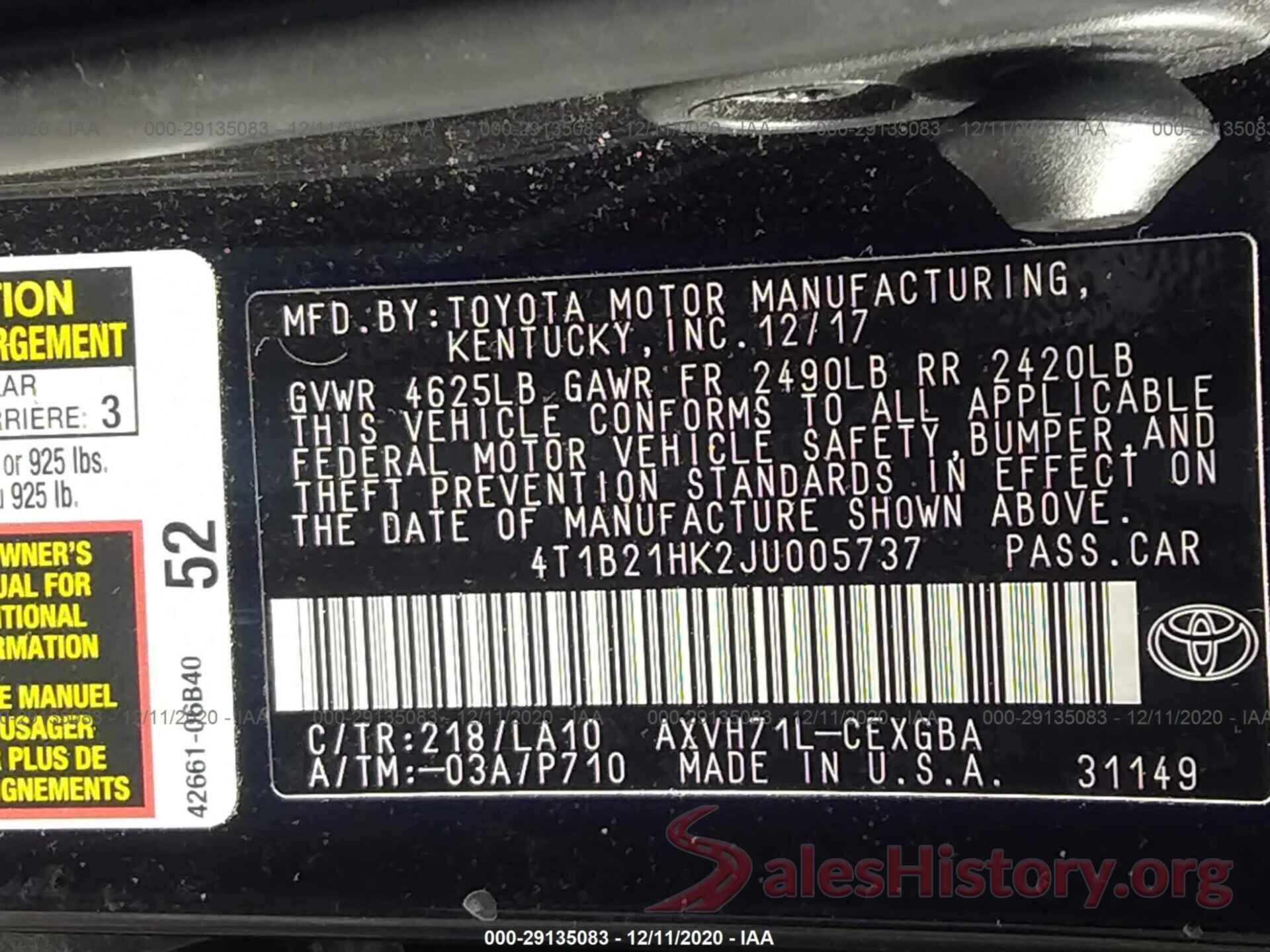 4T1B21HK2JU005737 2018 TOYOTA CAMRY