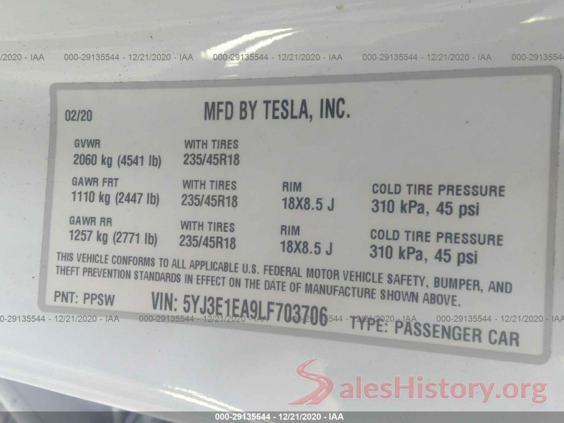 5YJ3E1EA9LF703706 2020 TESLA MODEL 3