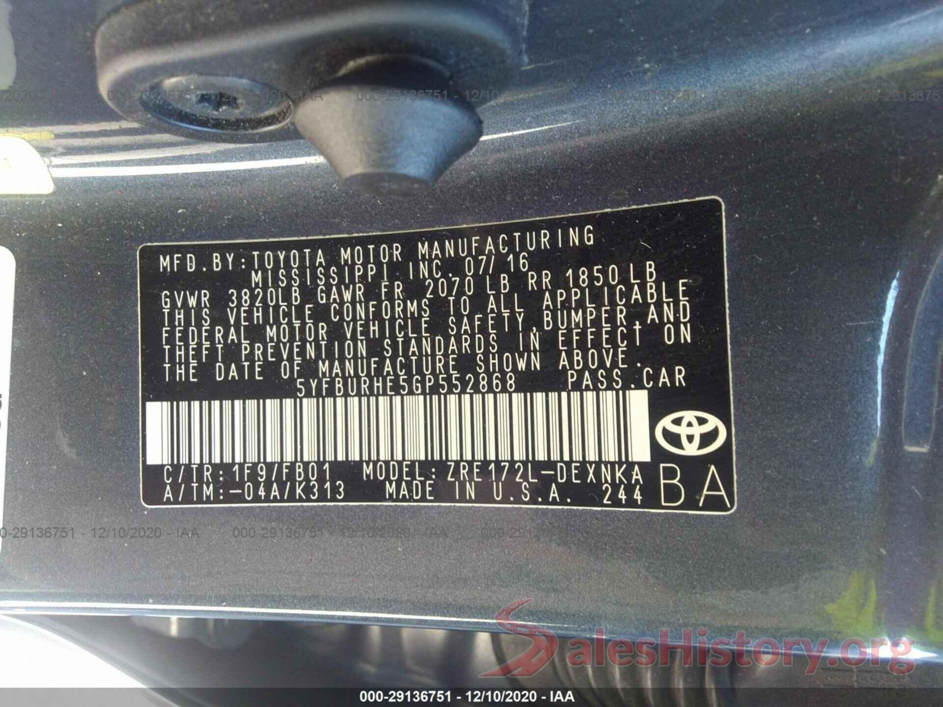 5YFBURHE5GP552868 2016 TOYOTA COROLLA