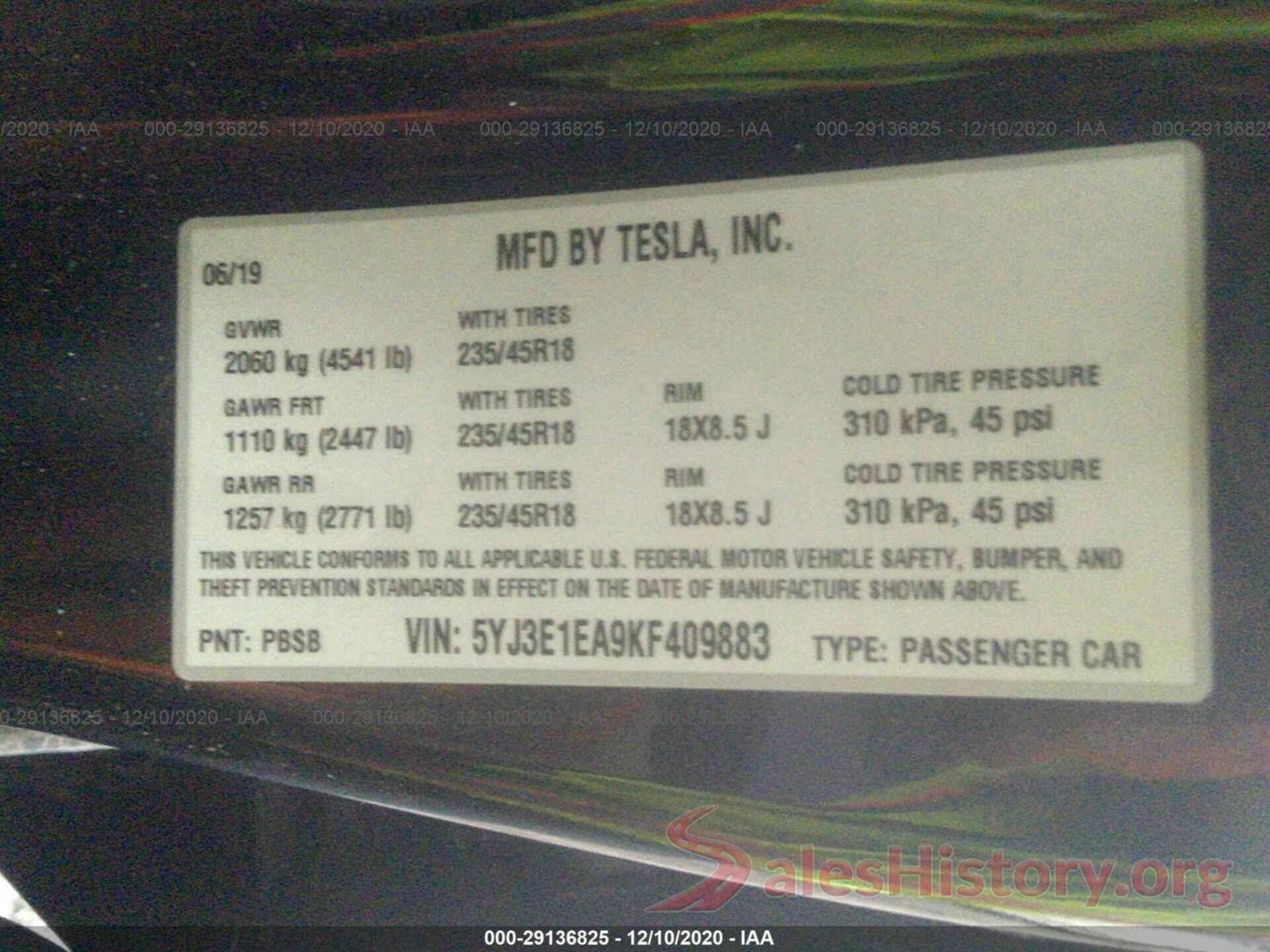 5YJ3E1EA9KF409883 2019 TESLA MODEL 3