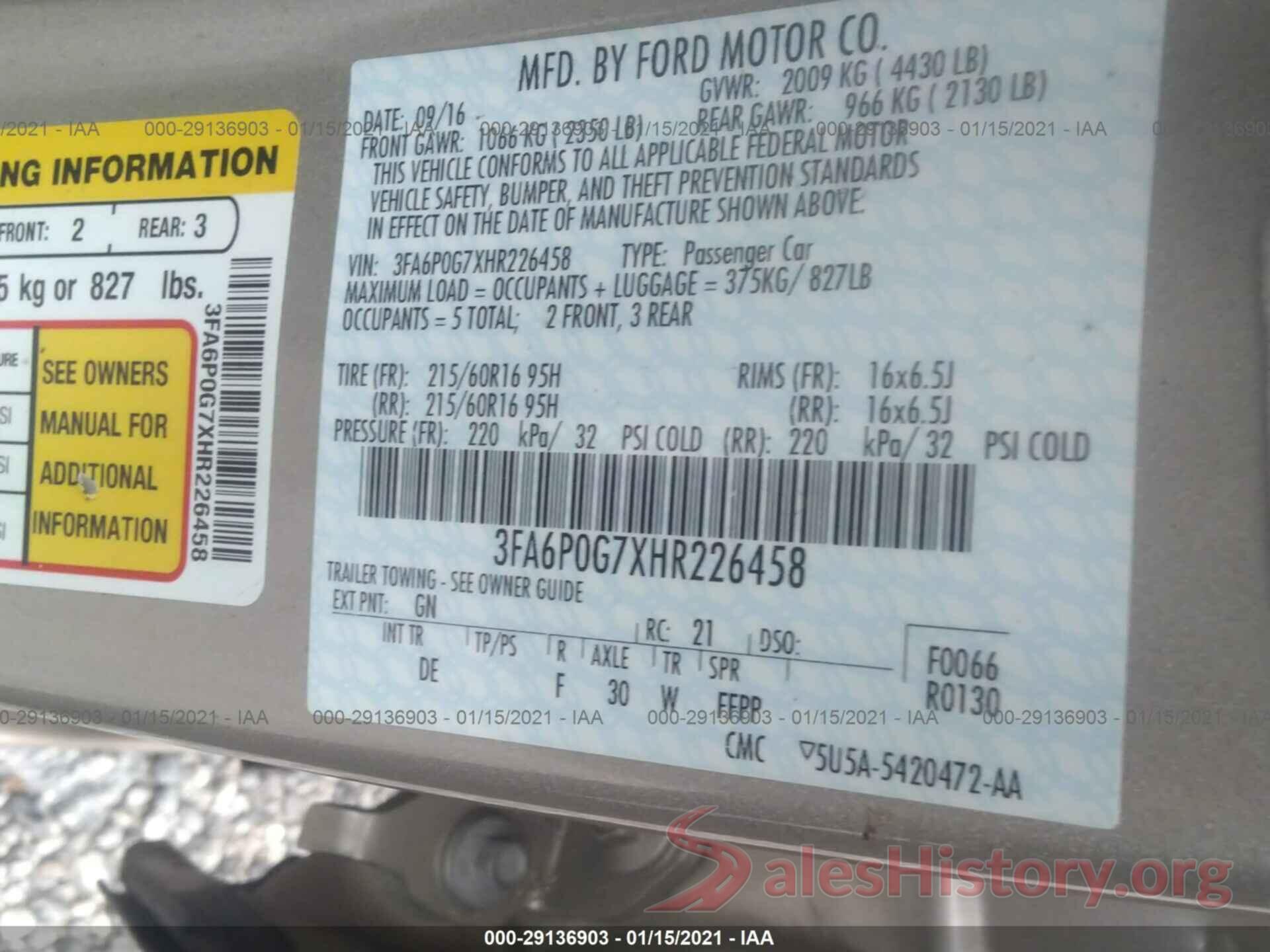 3FA6P0G7XHR226458 2017 FORD FUSION