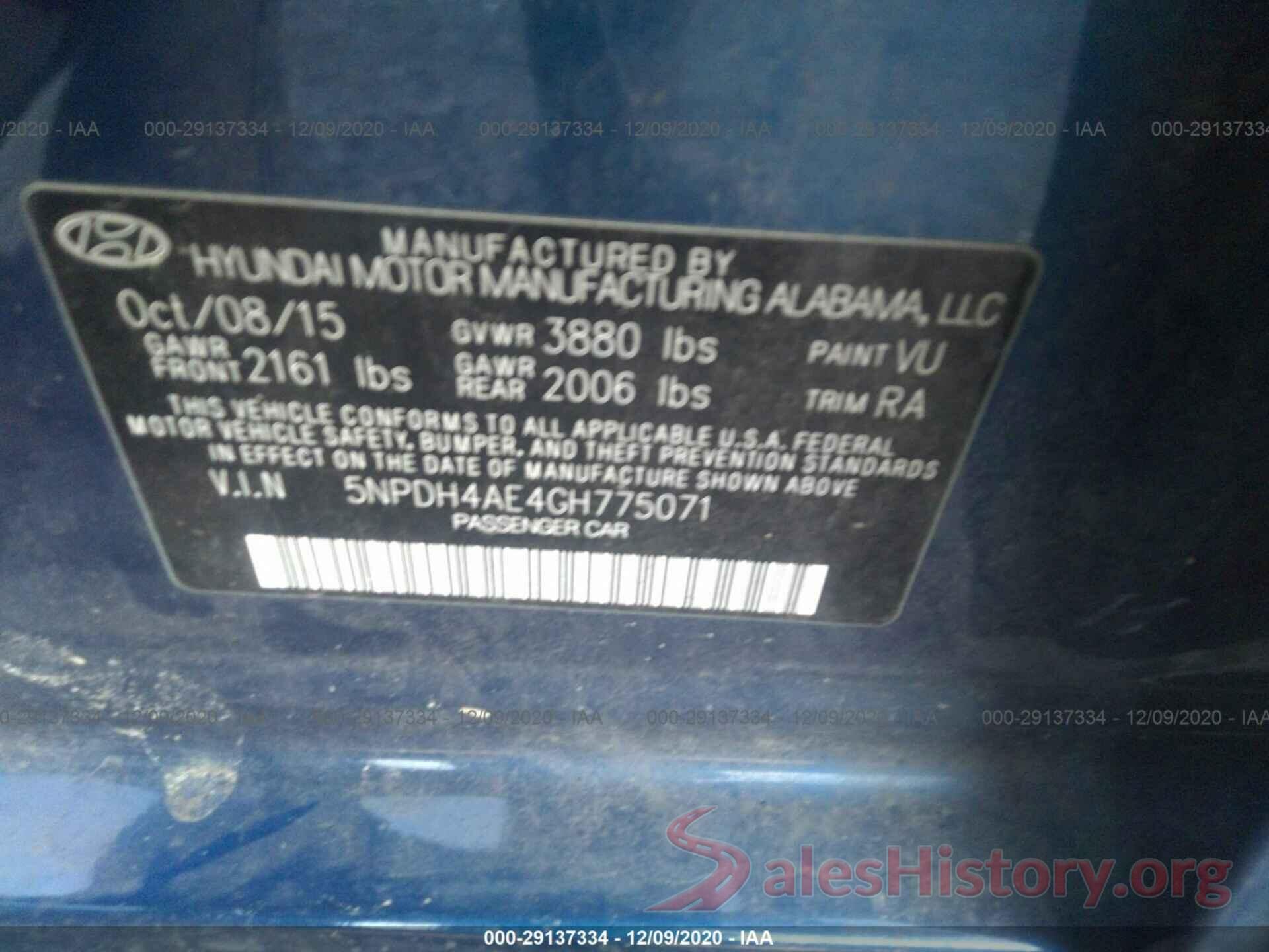 5NPDH4AE4GH775071 2016 HYUNDAI ELANTRA