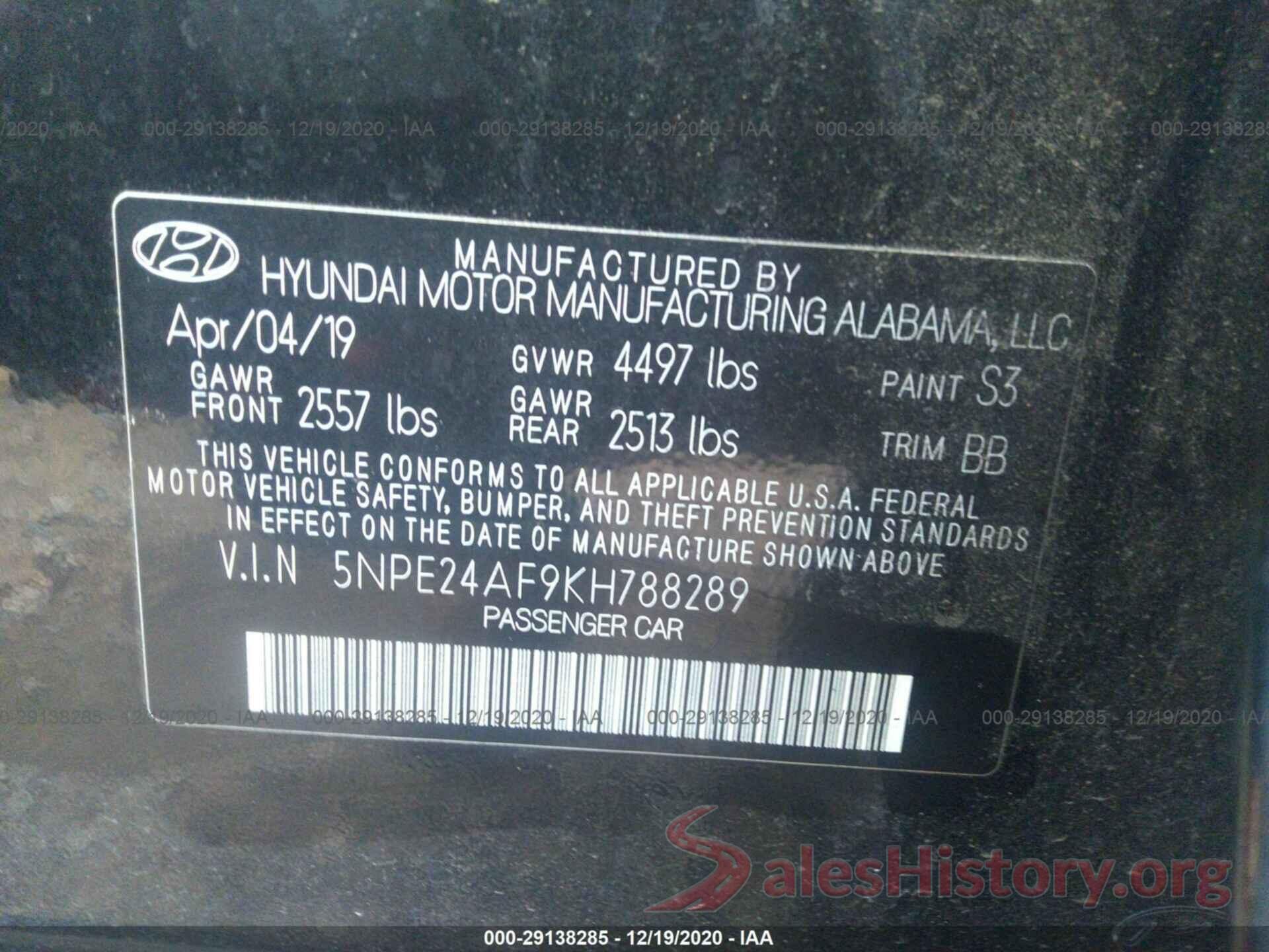 5NPE24AF9KH788289 2019 HYUNDAI SONATA