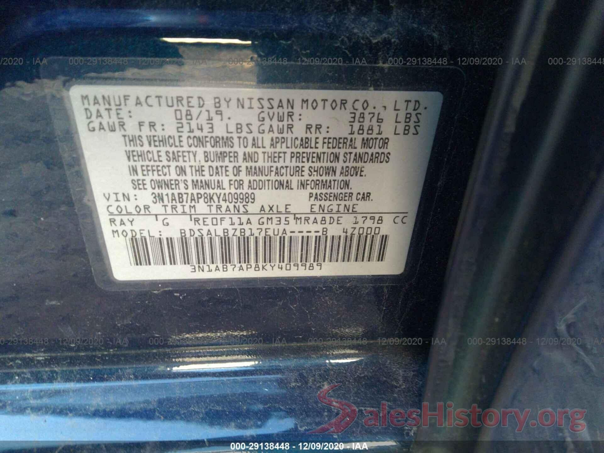 3N1AB7AP8KY409989 2019 NISSAN SENTRA