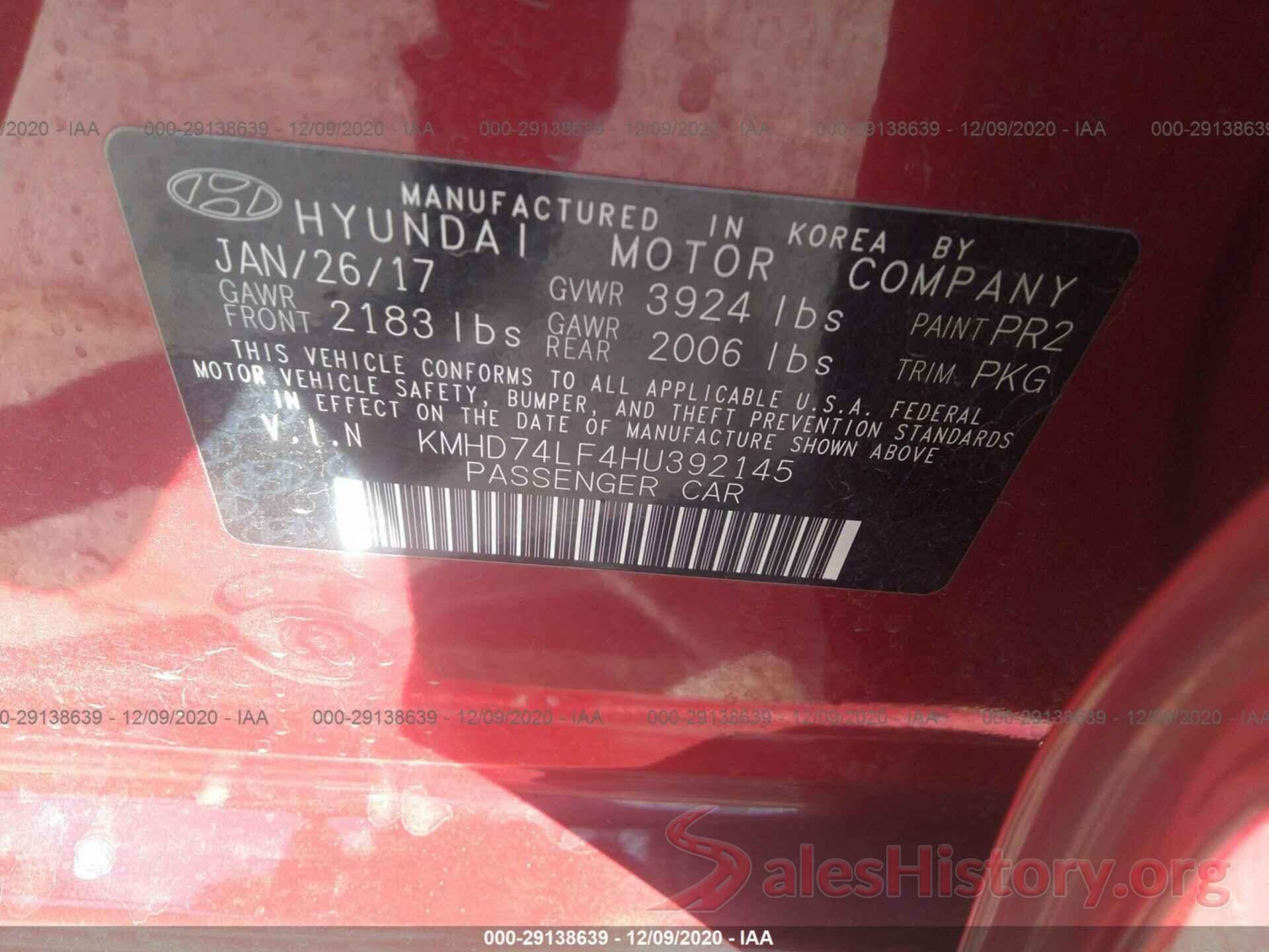 KMHD74LF4HU392145 2017 HYUNDAI ELANTRA