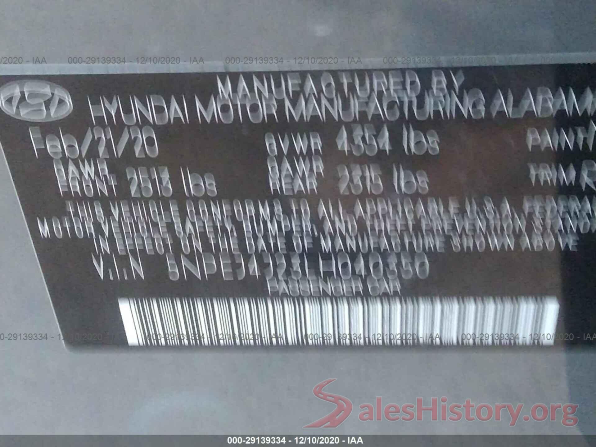 5NPEJ4J23LH040350 2020 HYUNDAI SONATA