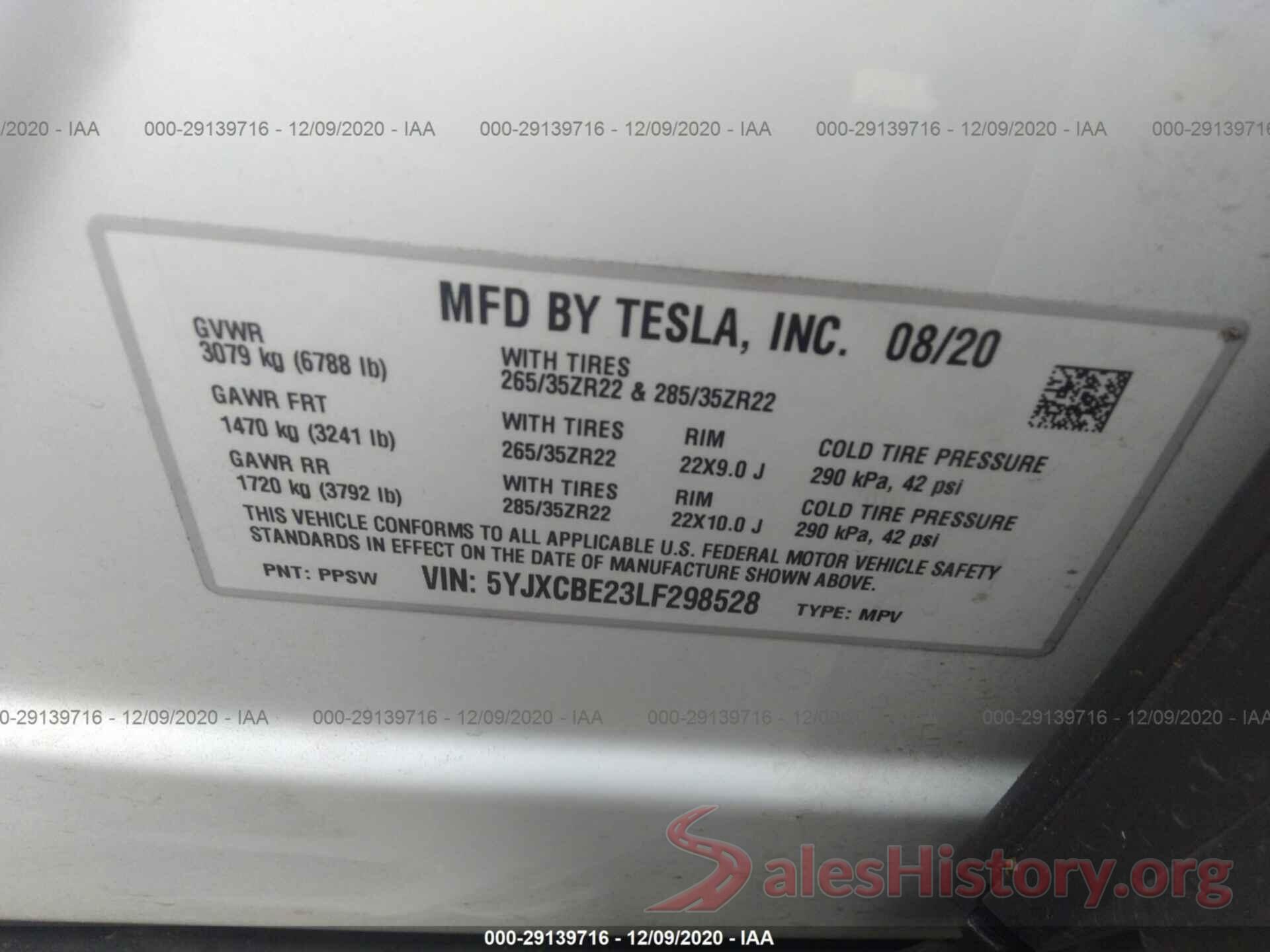 5YJXCBE23LF298528 2020 TESLA MODEL X