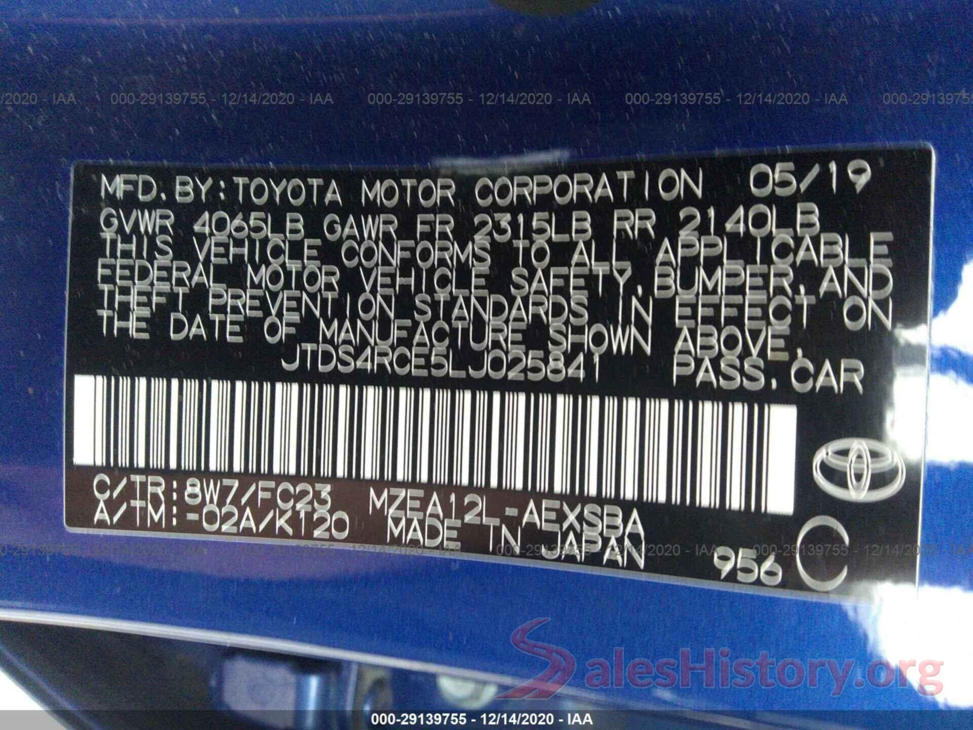 JTDS4RCE5LJ025841 2020 TOYOTA COROLLA