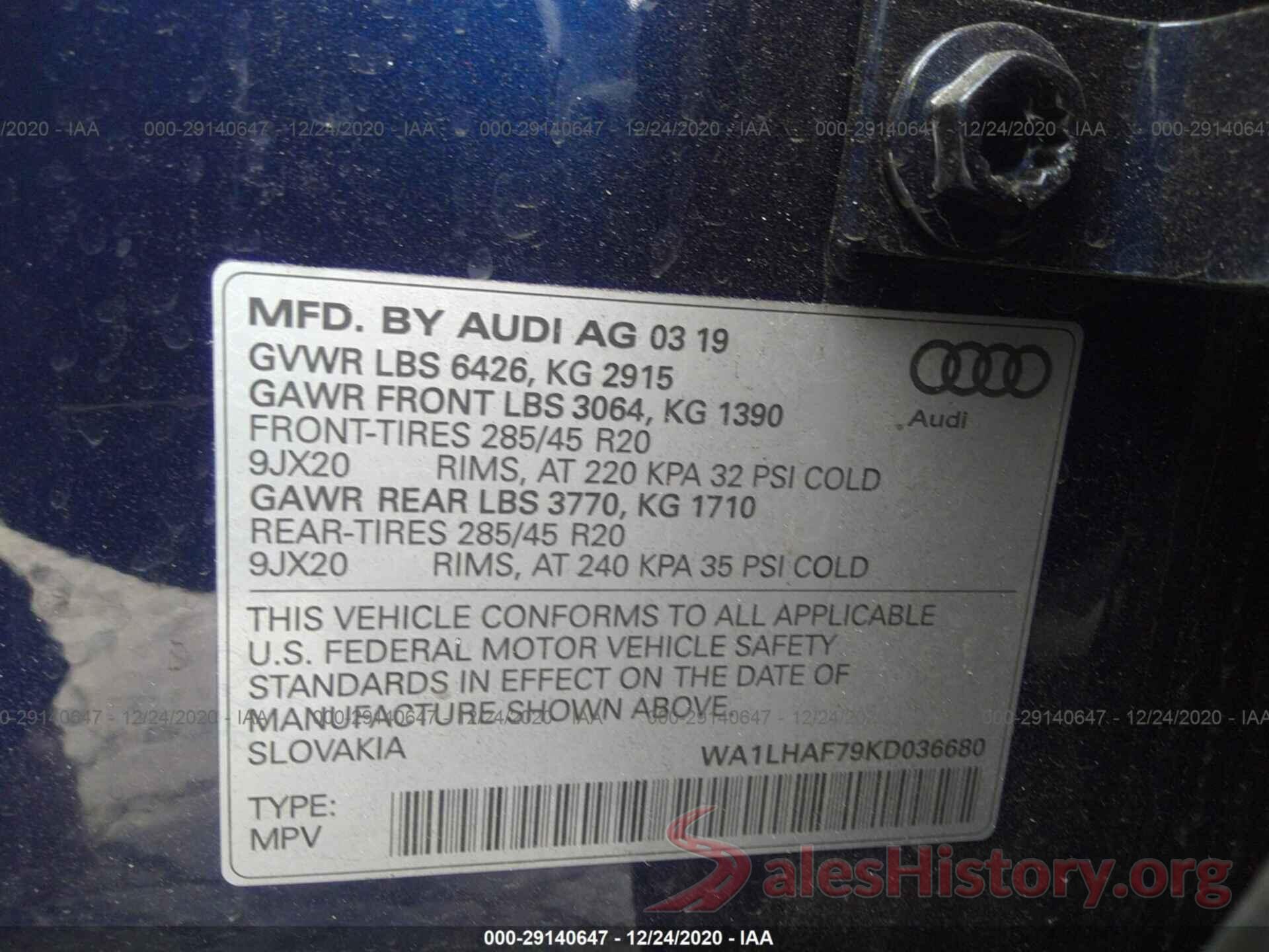 WA1LHAF79KD036680 2019 AUDI Q7