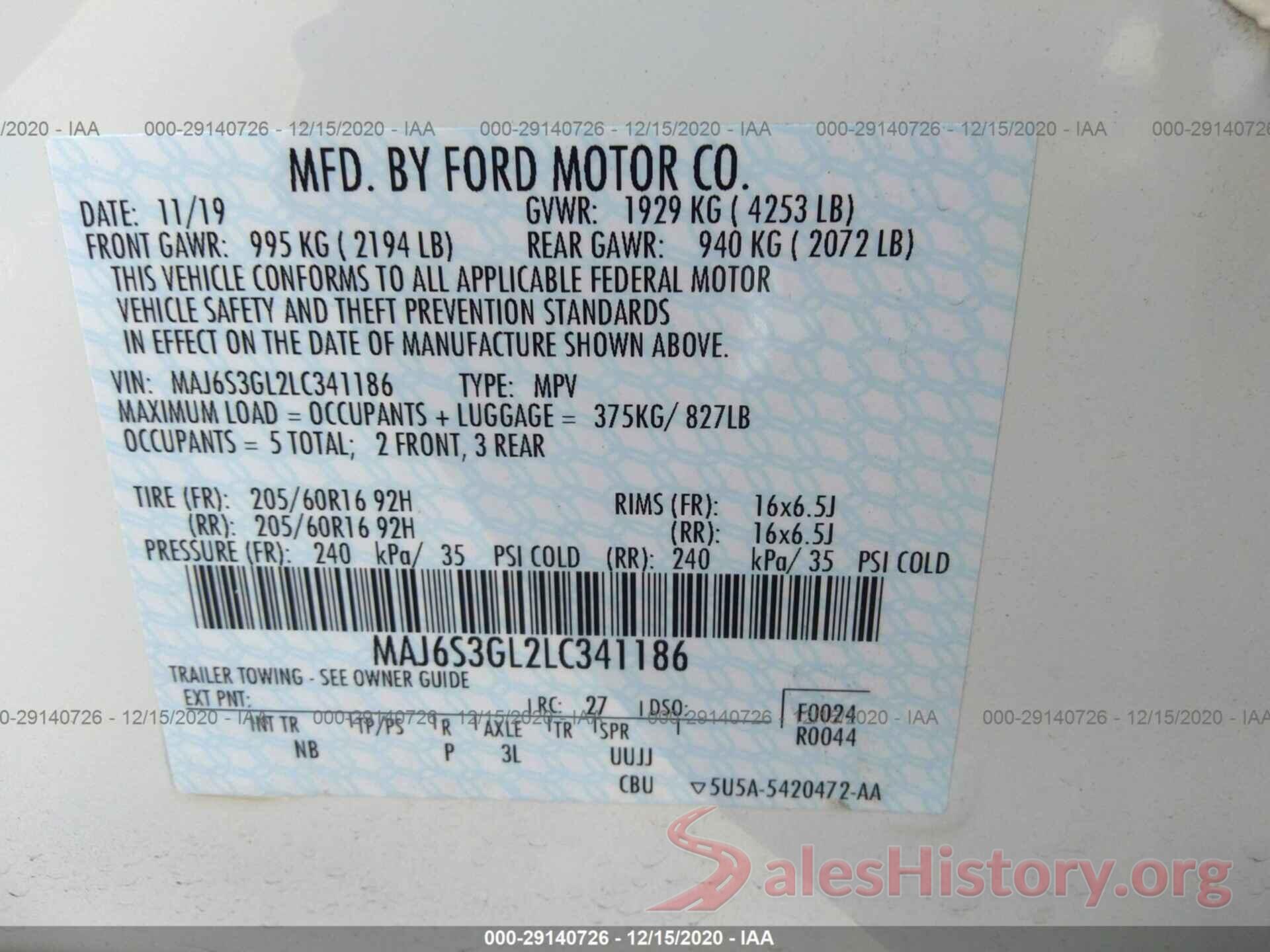 MAJ6S3GL2LC341186 2020 FORD ECOSPORT