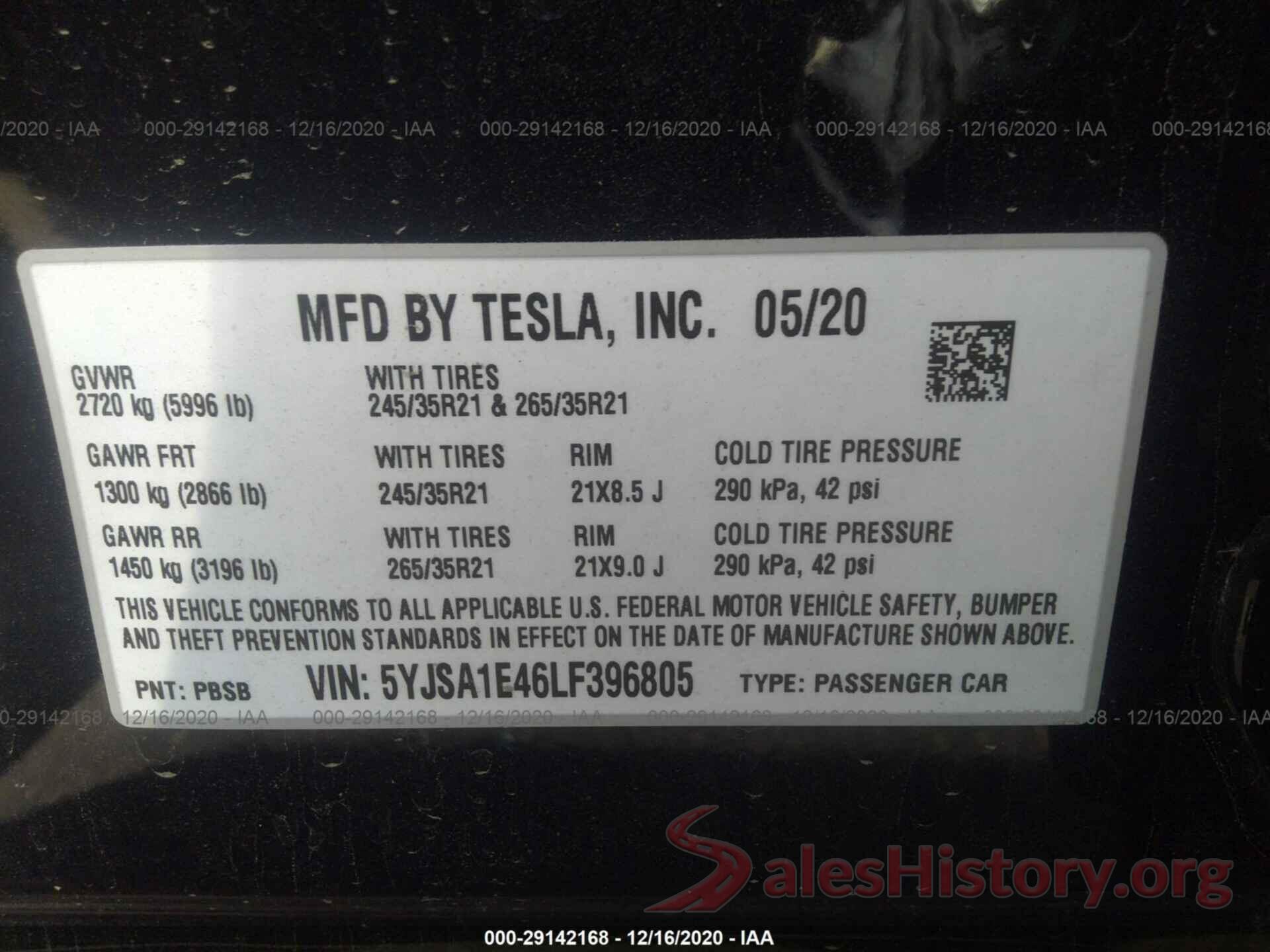 5YJSA1E46LF396805 2020 TESLA MODEL S