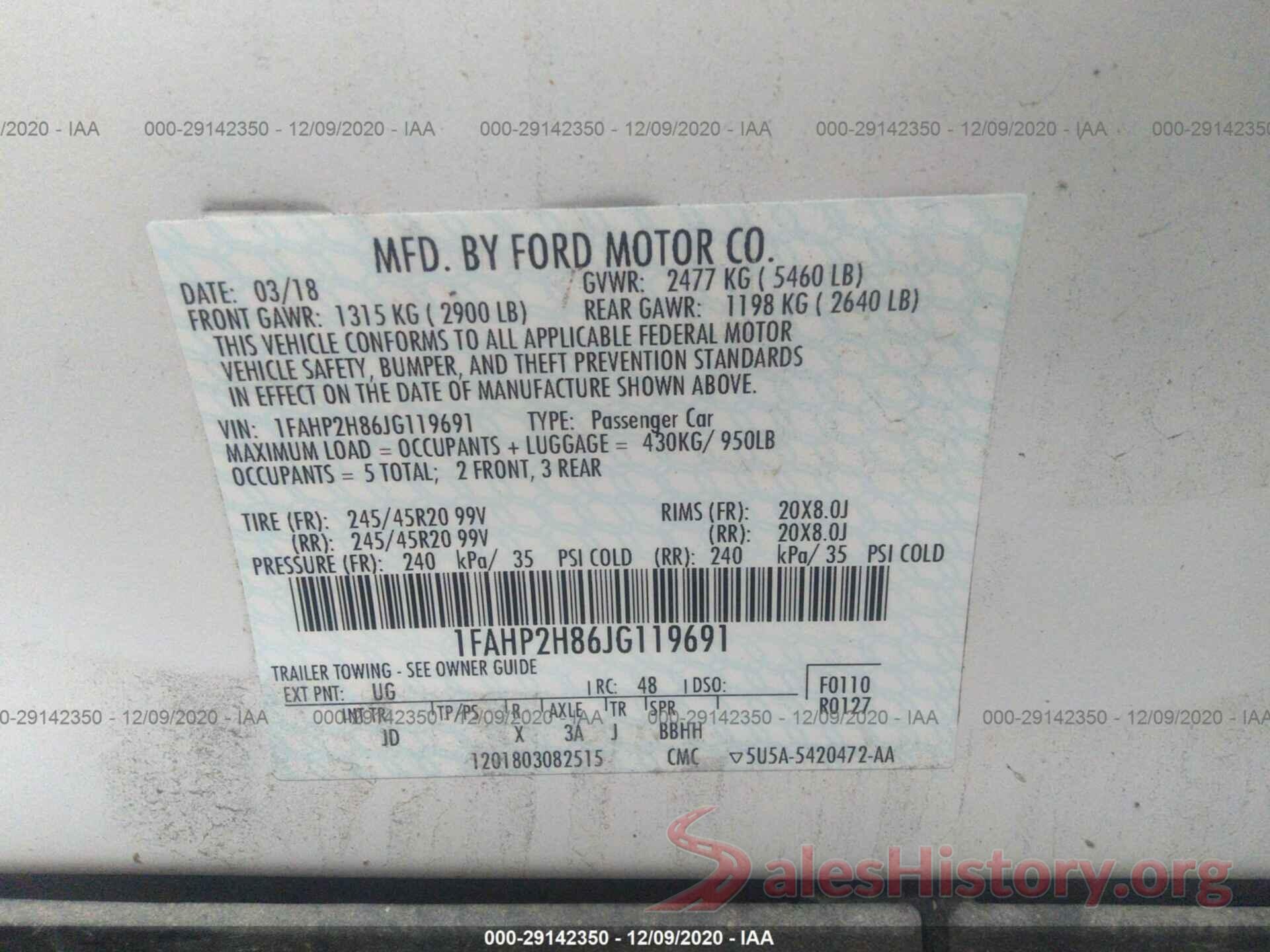 1FAHP2H86JG119691 2018 FORD TAURUS