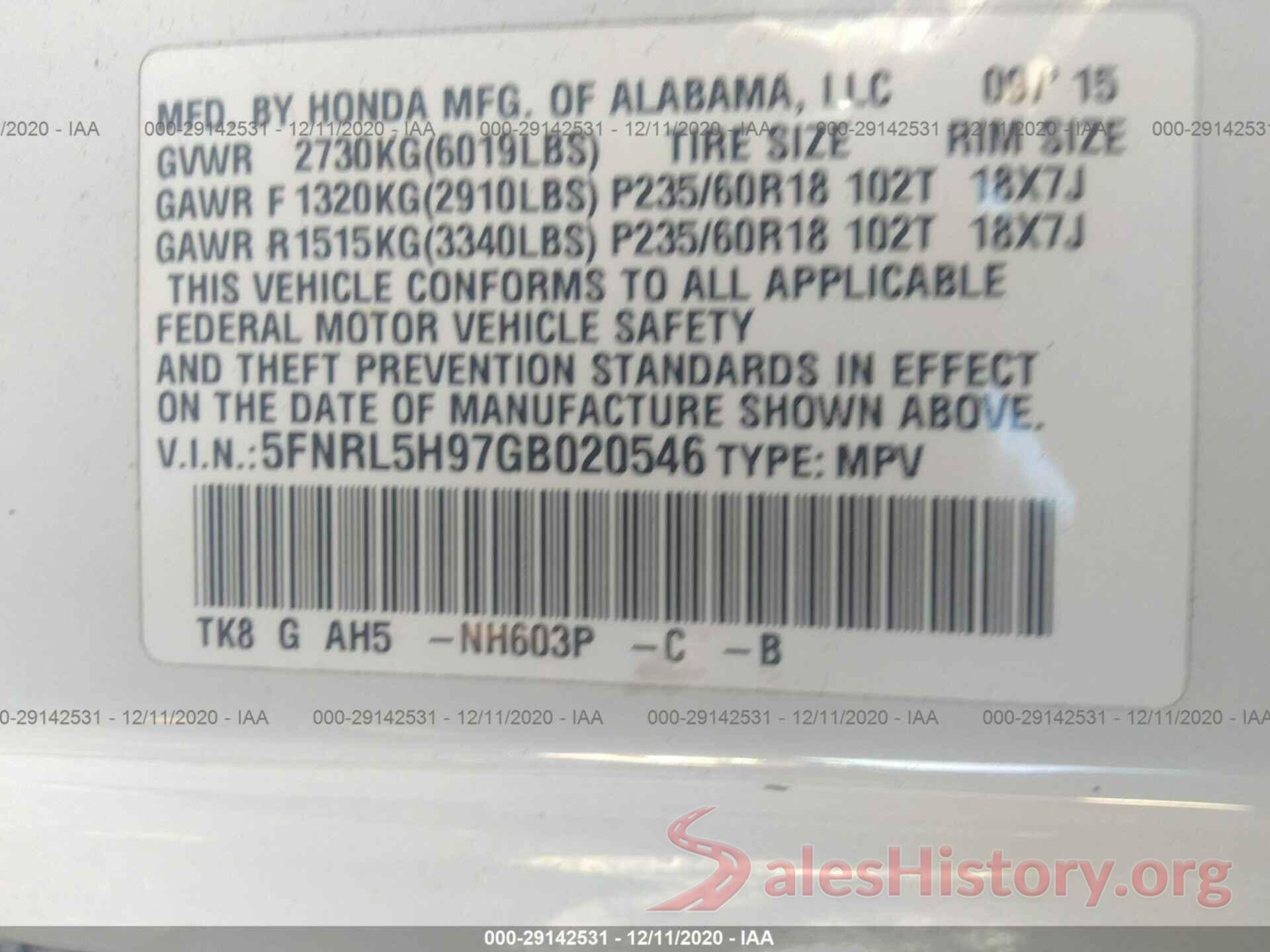 5FNRL5H97GB020546 2016 HONDA ODYSSEY