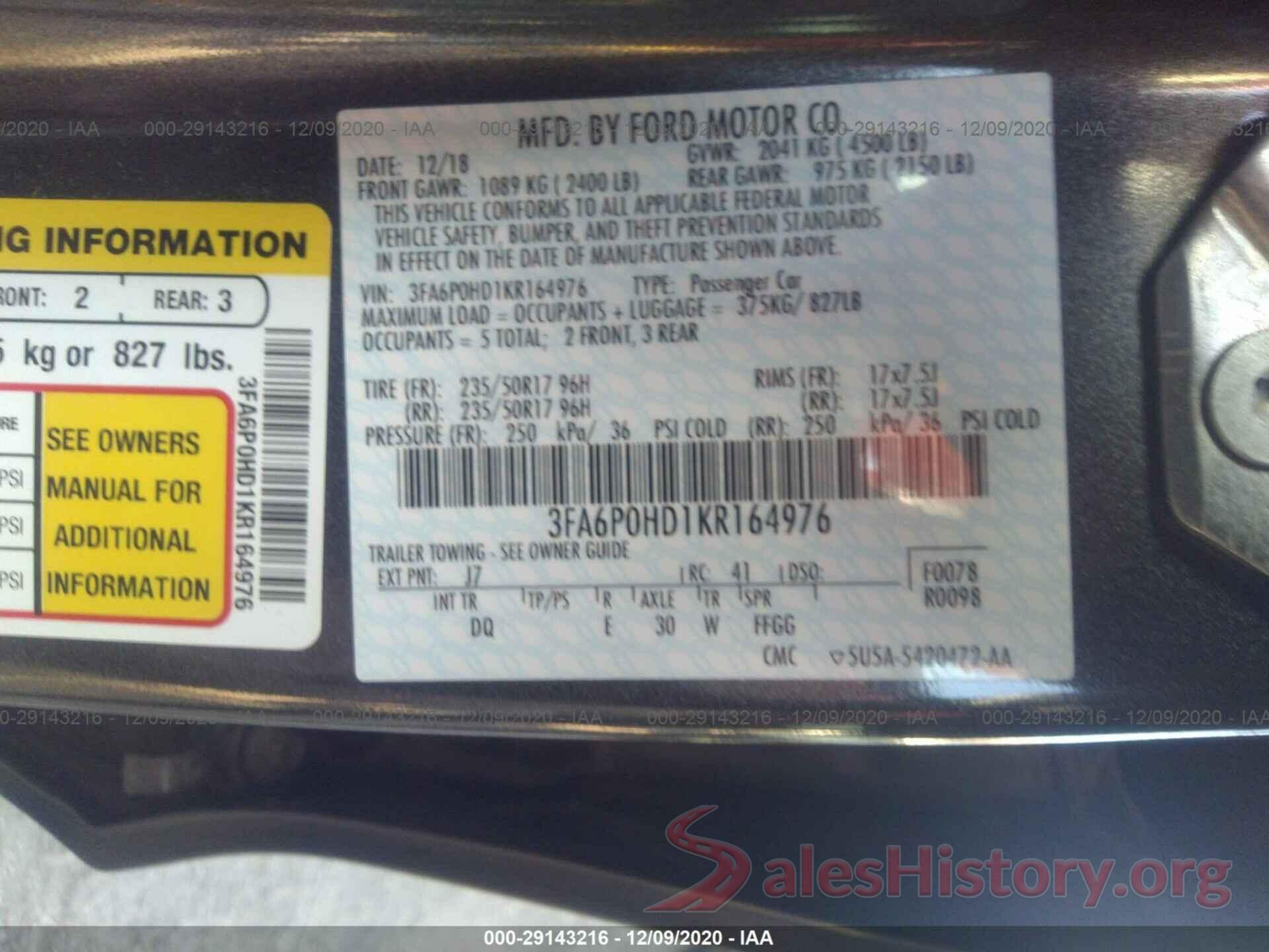 3FA6P0HD1KR164976 2019 FORD FUSION