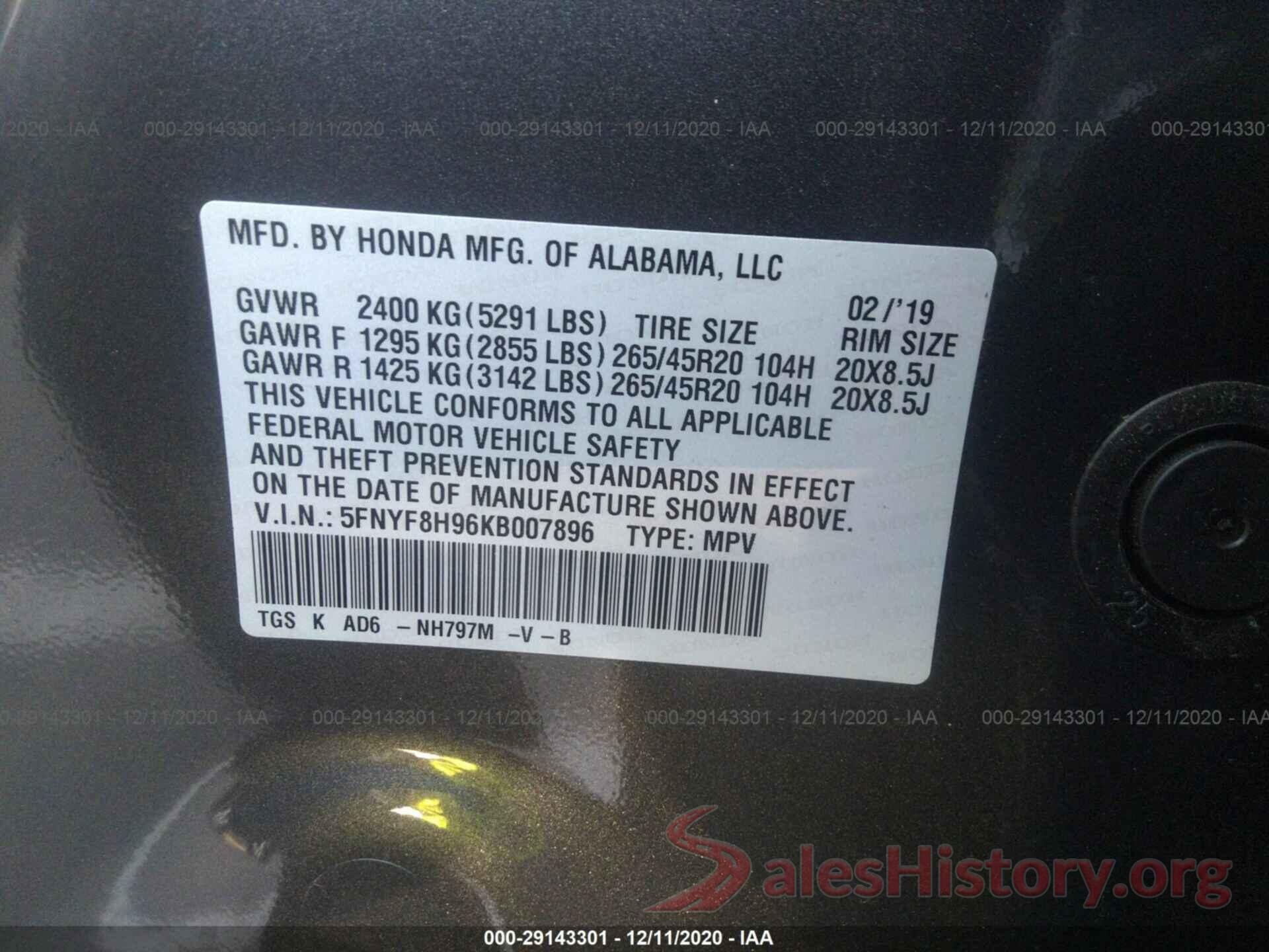 5FNYF8H96KB007896 2019 HONDA PASSPORT