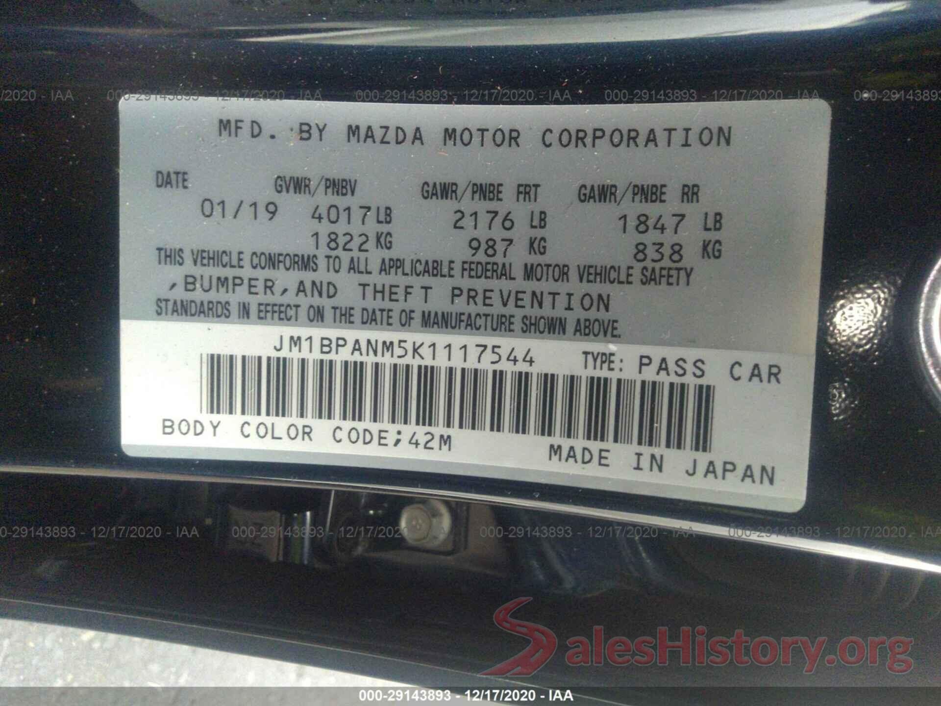 JM1BPANM5K1117544 2019 MAZDA MAZDA3 HATCHBACK