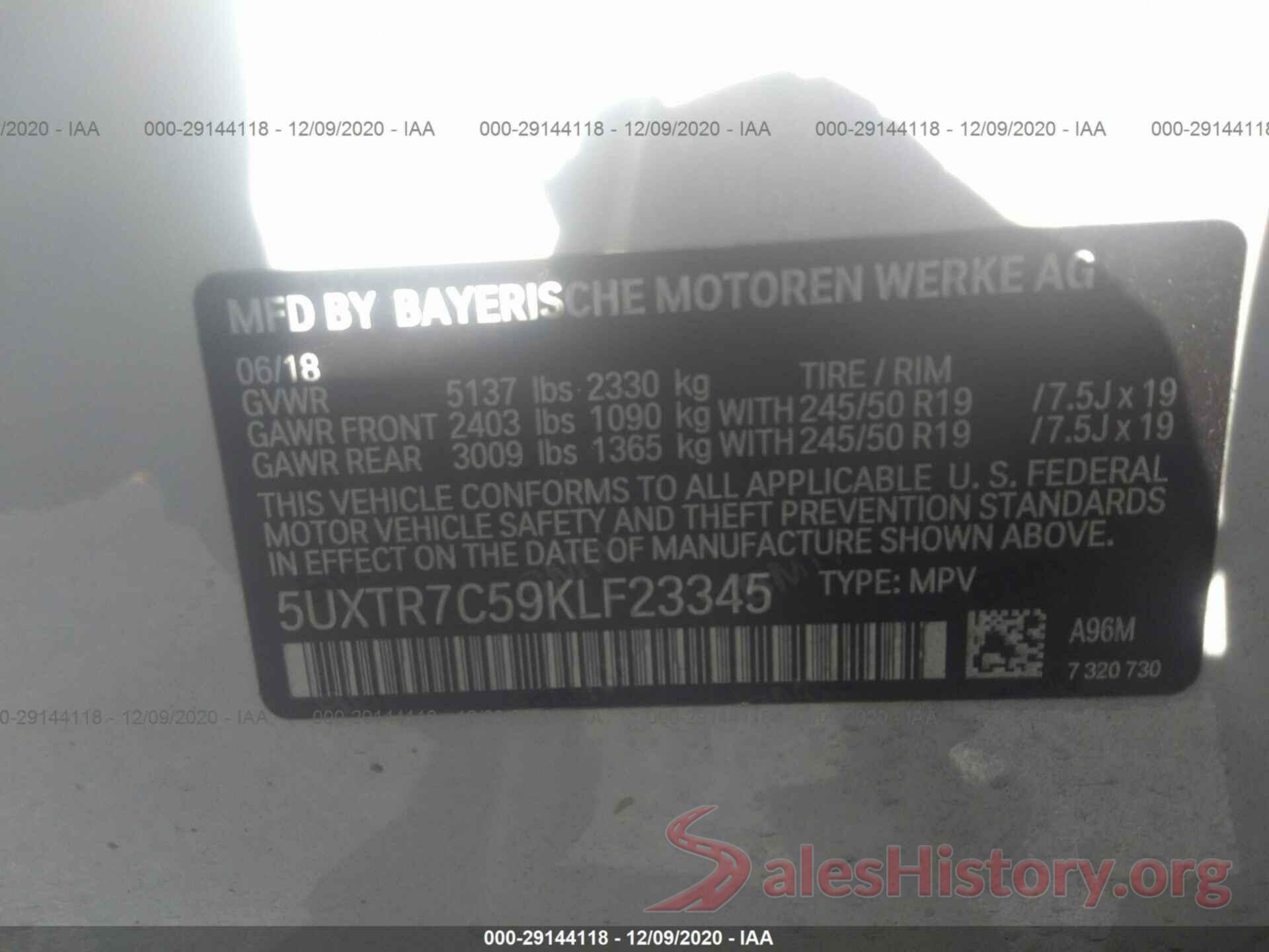 5UXTR7C59KLF23345 2019 BMW X3