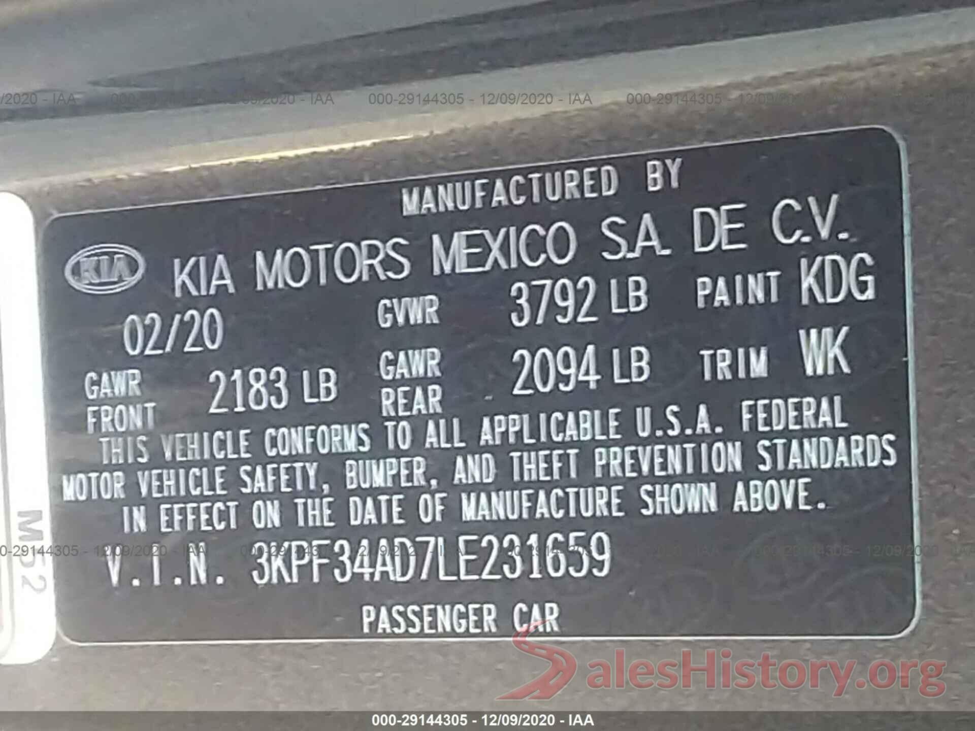 3KPF34AD7LE231659 2020 KIA FORTE