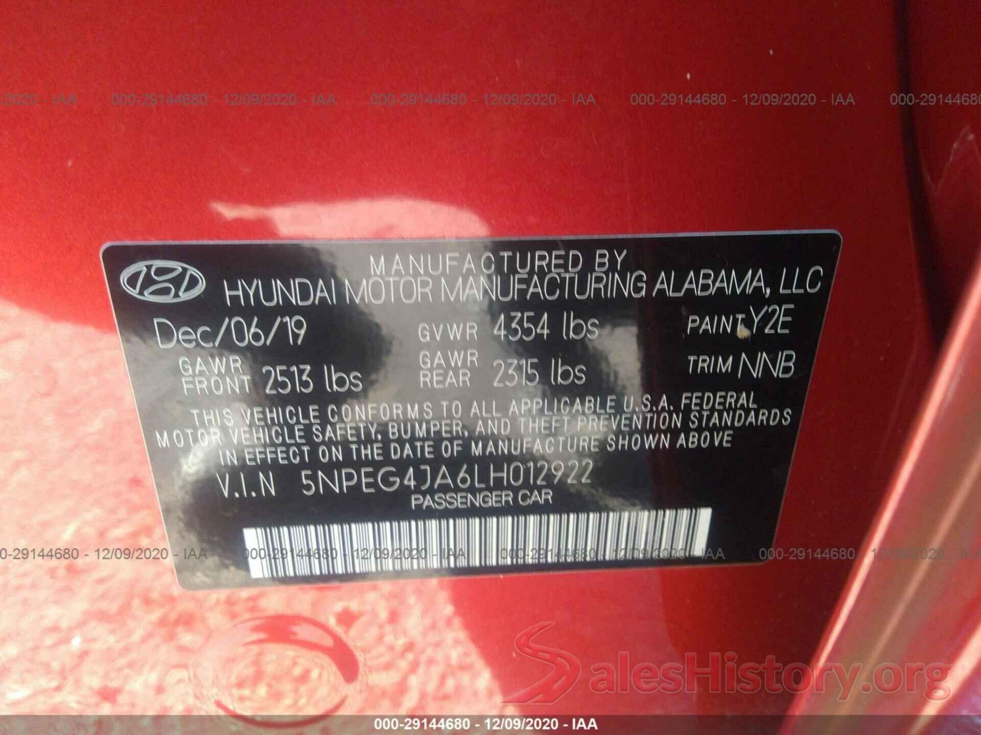 5NPEG4JA6LH012922 2020 HYUNDAI SONATA