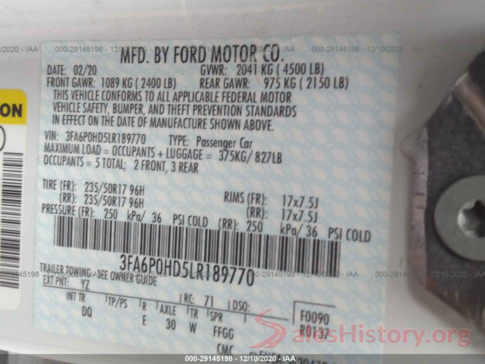 3FA6P0HD5LR189770 2020 FORD FUSION